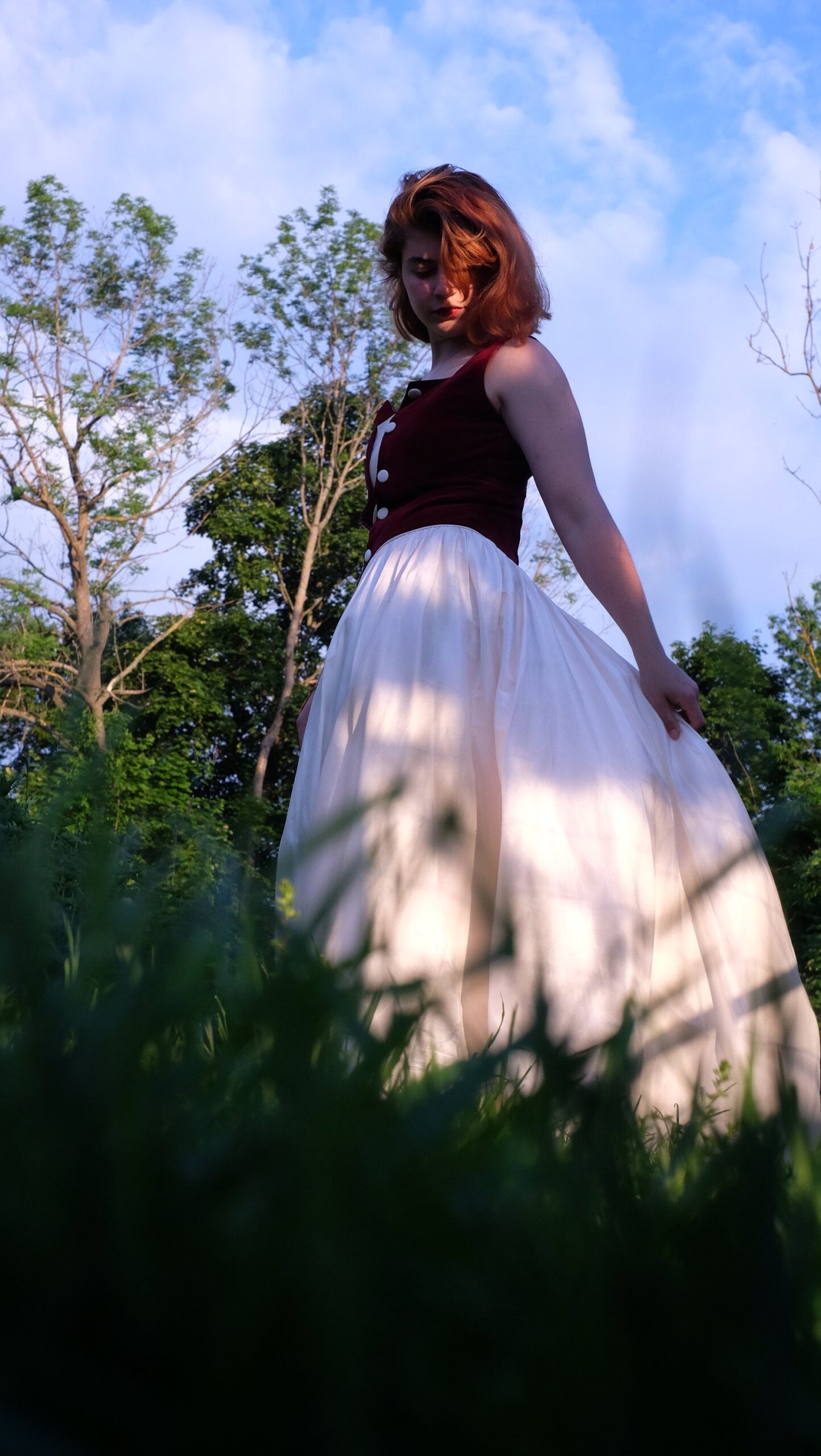 Vintage Cottagecore Silk Wedding Dress with Burgundy Red Velvet Bustier and a Cream Circle Skirt, Lohrengel Cassel Bridal Gown - Image 6