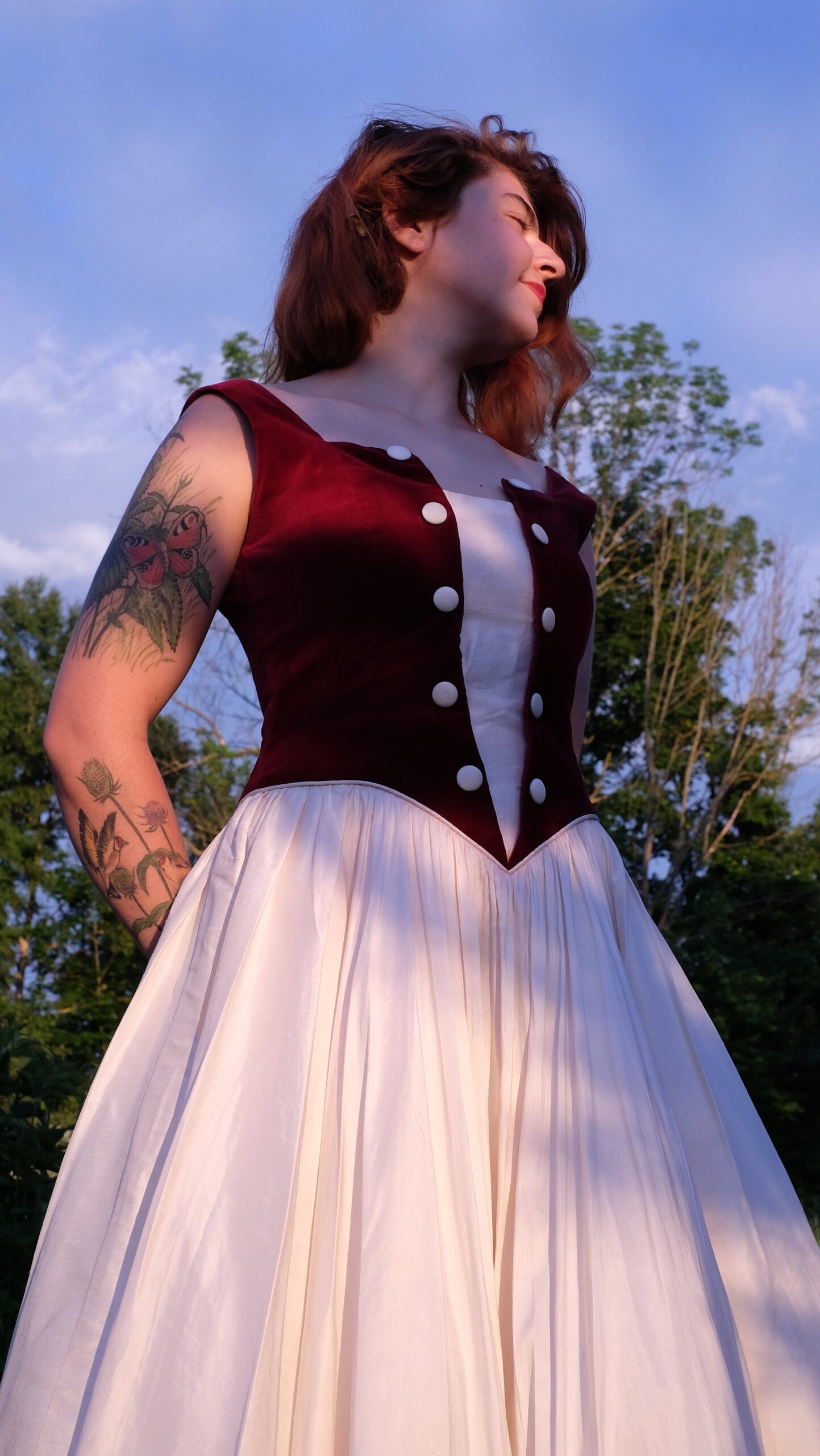 Vintage Cottagecore Silk Wedding Dress with Burgundy Red Velvet Bustier and a Cream Circle Skirt, Lohrengel Cassel Bridal Gown - Image 8