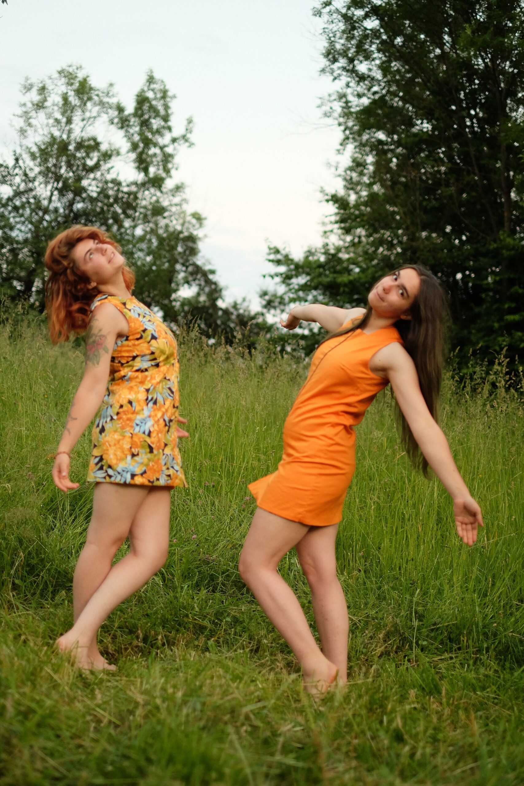 Vintage 60s Floral Orange Reversible Twin Dresses with Front Zipper (2x dress)