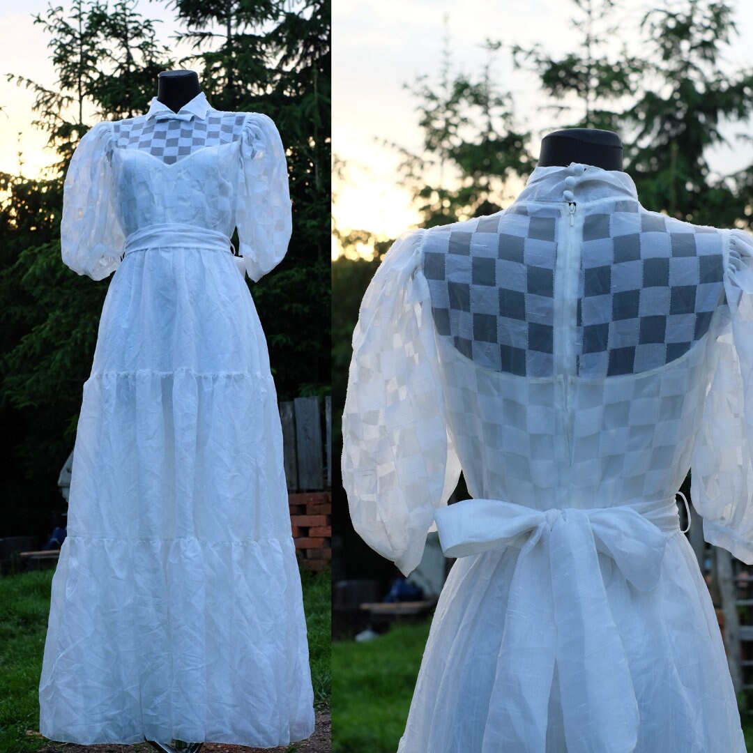 Vintage 70s Boho Punk Wedding Dress, Vera Mont Paris Checkered Bridal Gown - Image 5