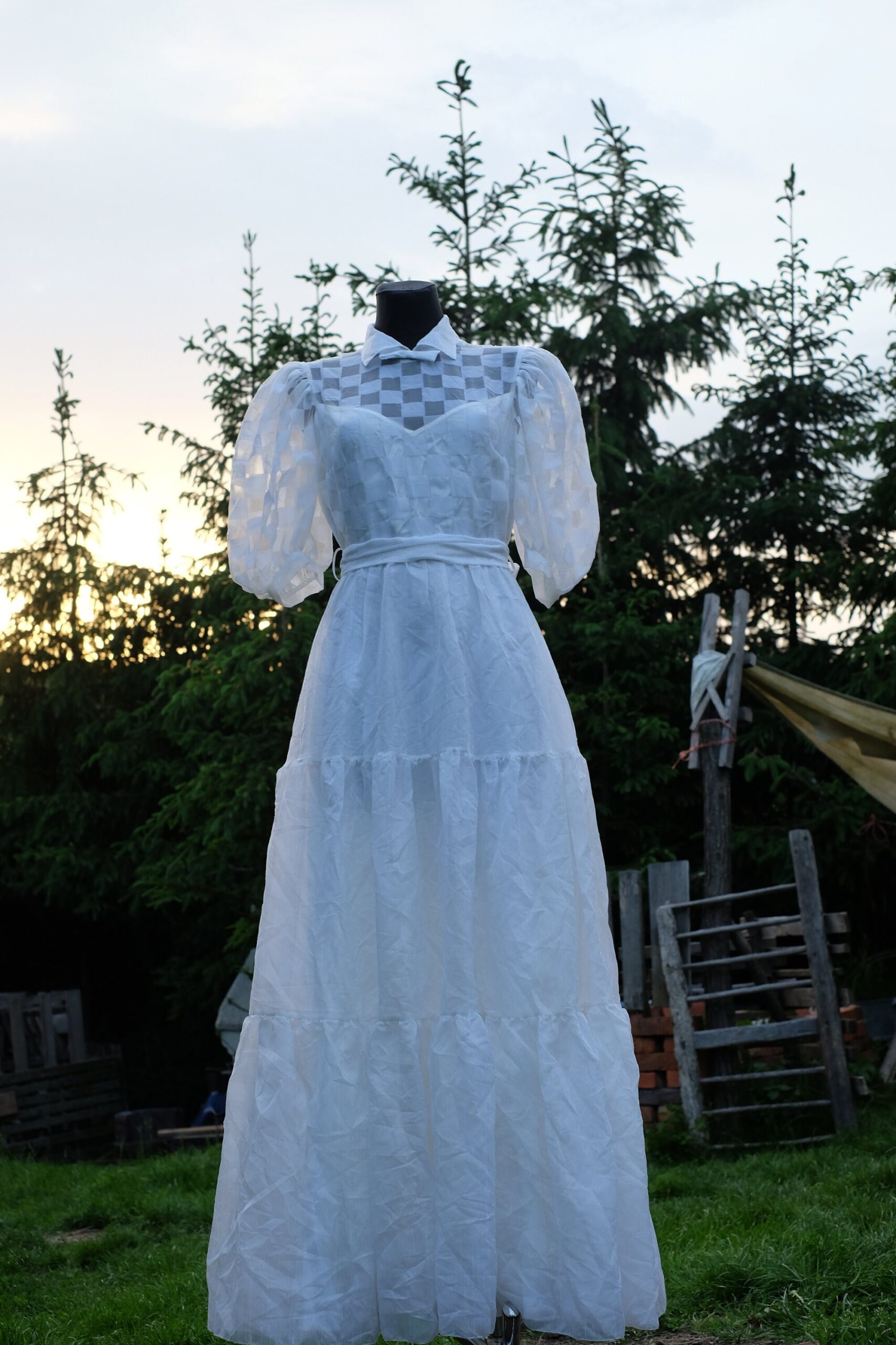 Vintage 70s Boho Punk Wedding Dress, Vera Mont Paris Checkered Bridal Gown - Image 2
