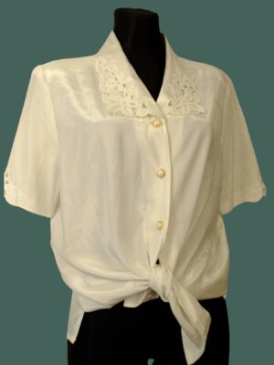 Vintage White Lace - Collared Short Sleeved Blouse