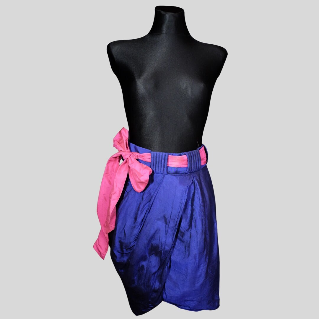 80s Vintage Metallic Blue Pink Bow Pencil Skirt | Thai Silk Skirt