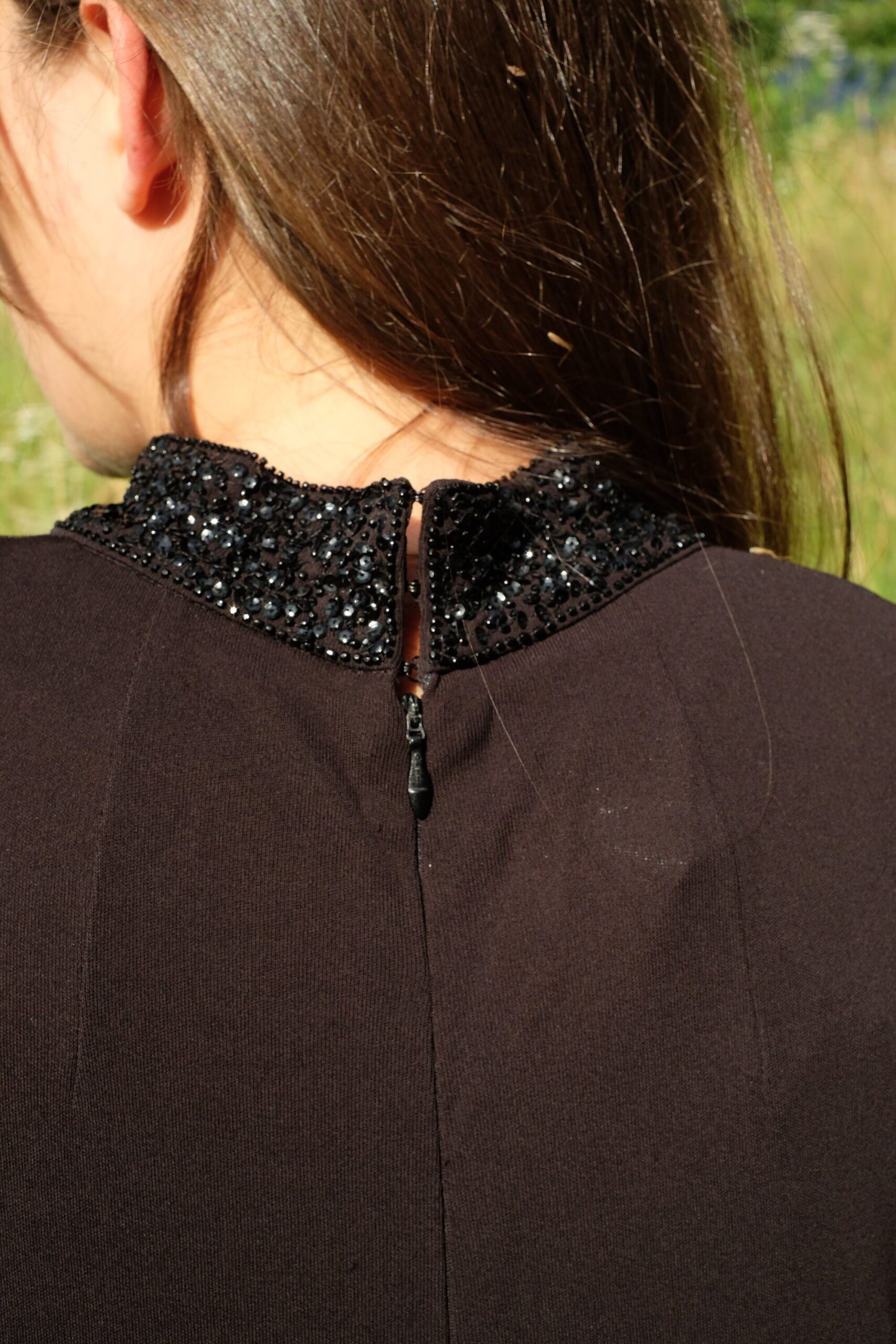 1970s Black maxi Evening Dress, 70s Deadstock NOS Vintage Jean Muir Trapeze Dress with Embellished Collar size XL - Image 9