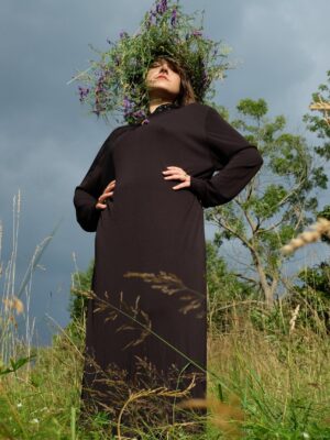 1970s Black maxi Evening Dress, 70s Deadstock NOS Vintage Jean Muir Trapeze Dress with Embellished Collar size XL