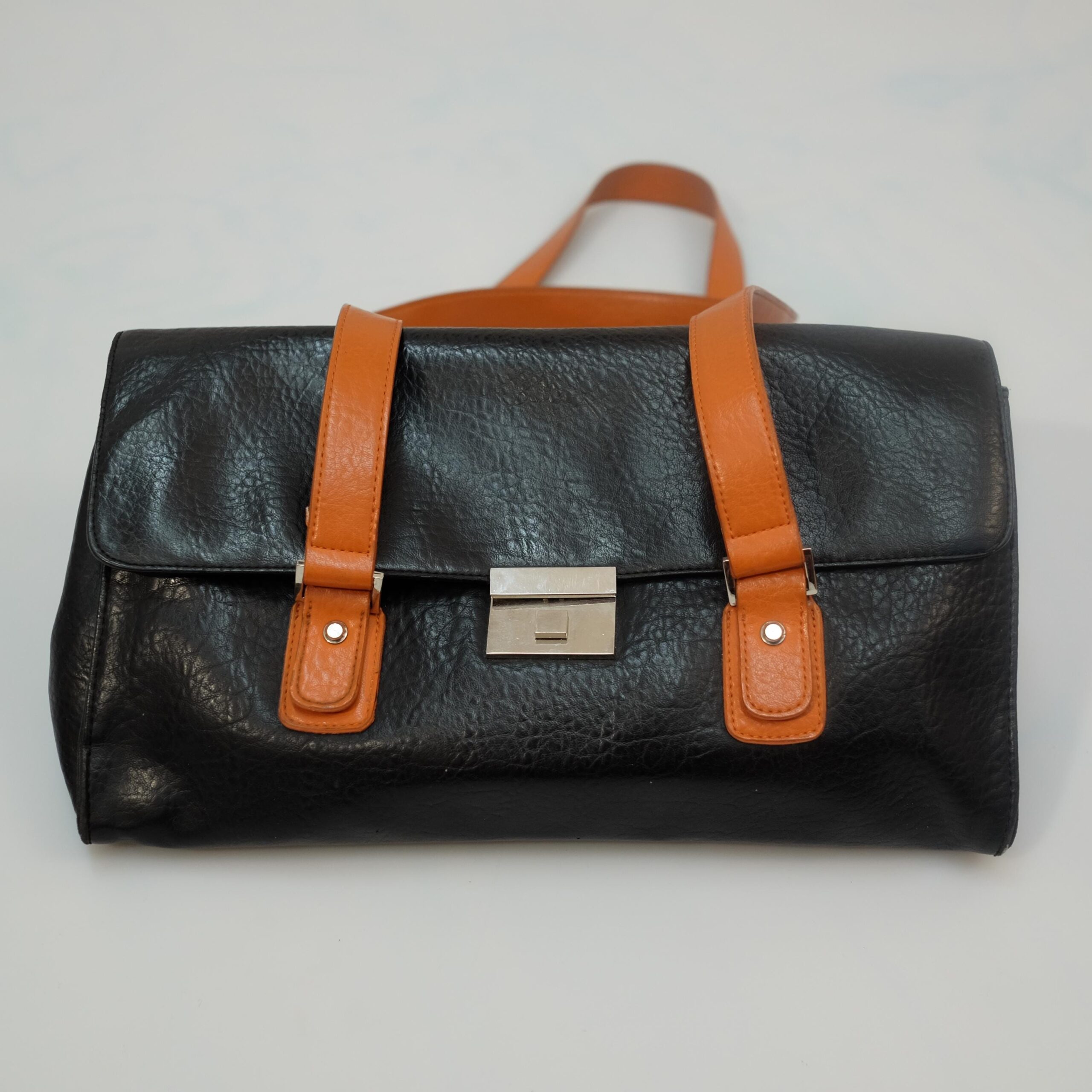 Vintage Black Rectangular Shoulder Bag with Brown Straps
