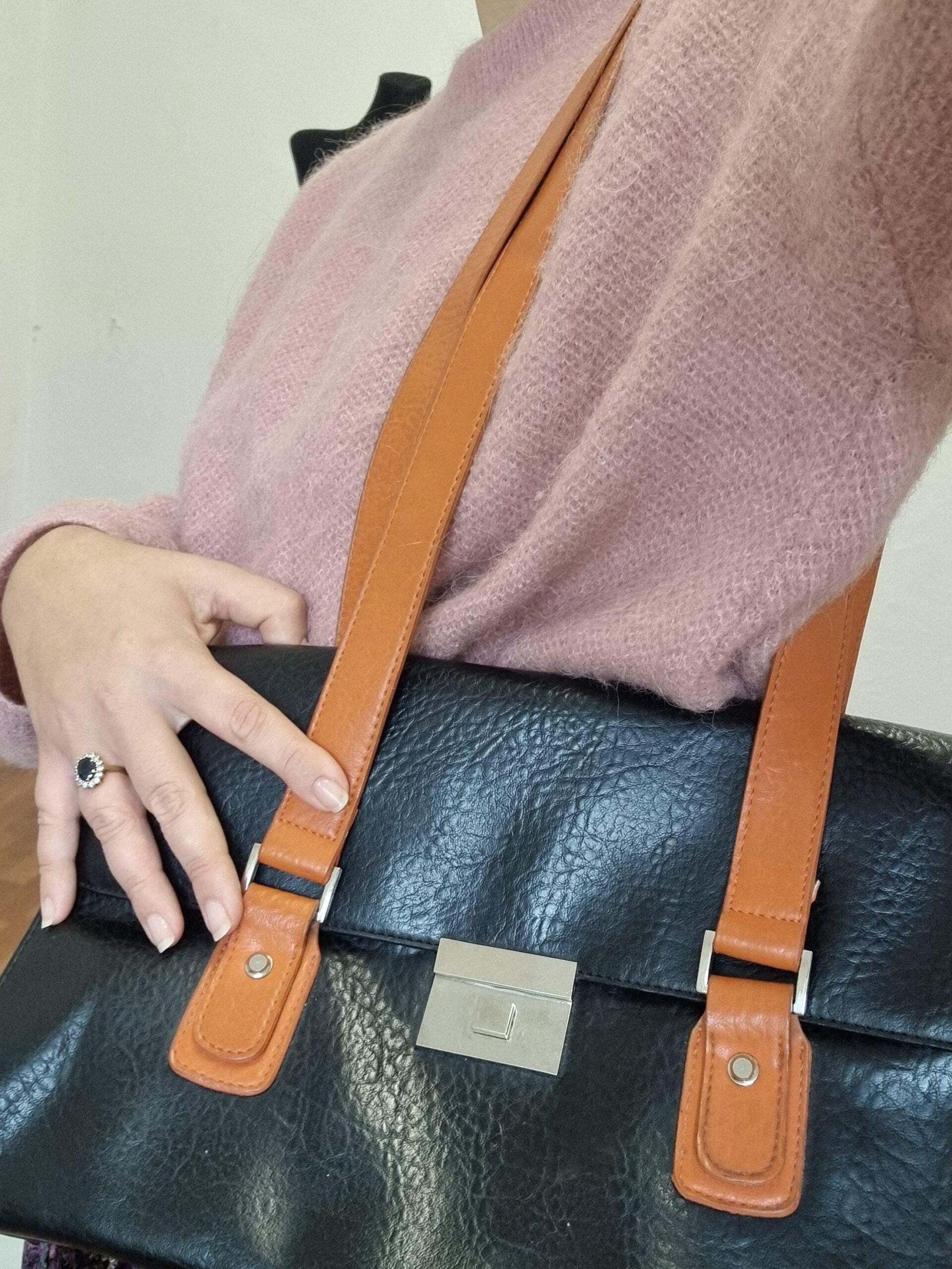 Vintage Black Rectangular Shoulder Bag with Brown Straps - Image 5