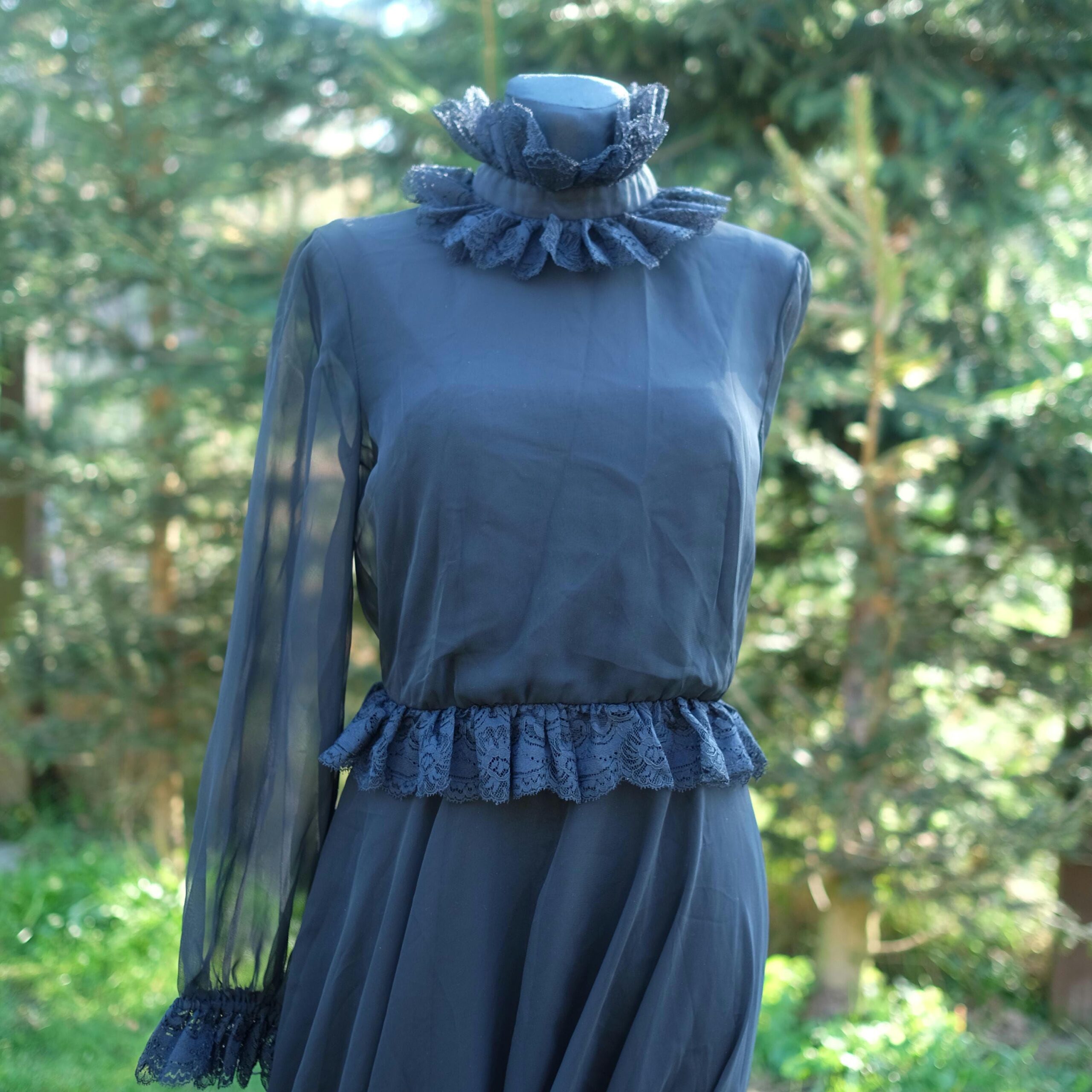 70s Designer Roland Klein Dress, Vintage Black Boho Hippie Maxi Dress XS/S, Victorian Style, 70s Prairie Dress, Goth Dress, Nosferatu Vibes - Image 9