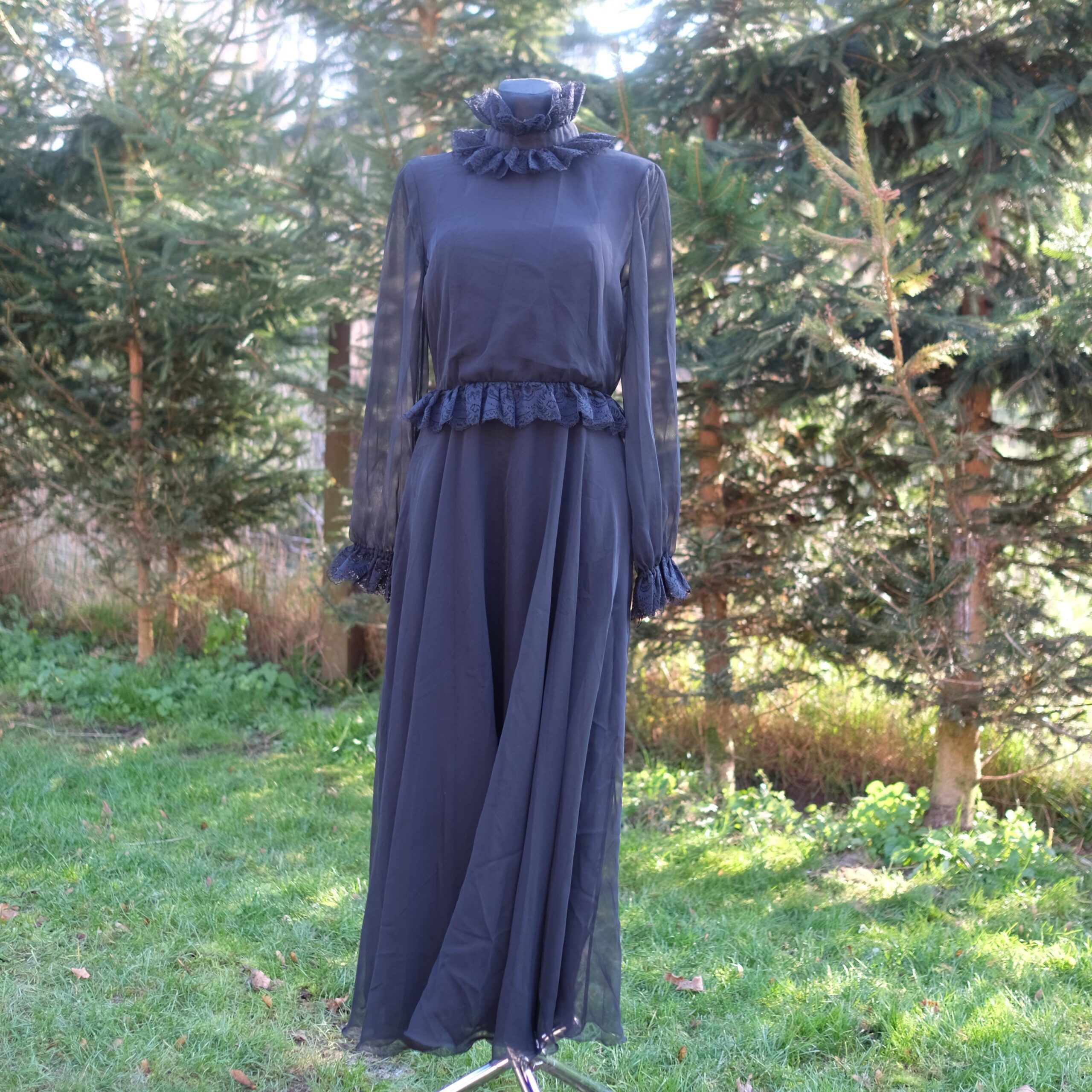 70s Designer Roland Klein Dress, Vintage Black Boho Hippie Maxi Dress XS/S, Victorian Style, 70s Prairie Dress, Goth Dress, Nosferatu Vibes - Image 2