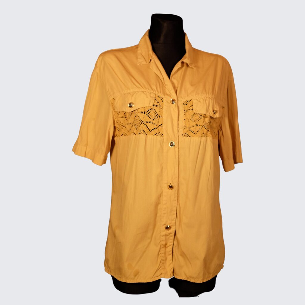 90s Vintage Yellow Short Sleeves Chest Pocket Embroidered Pattern Cotton Oversized Blouse