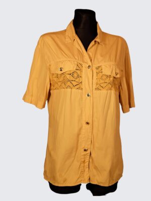 90s Vintage Yellow Short Sleeves Chest Pocket Embroidered Pattern Cotton Oversized Blouse
