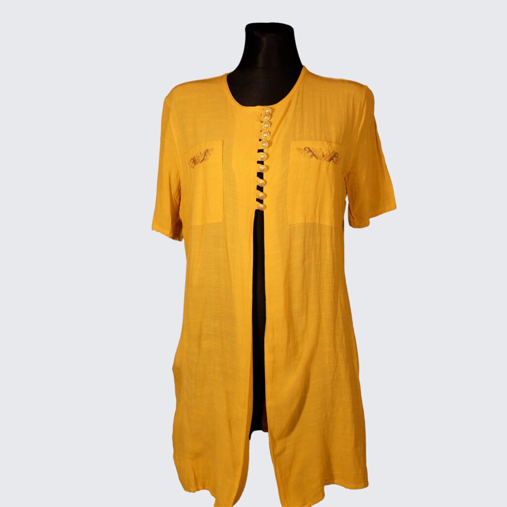 90s Vintage Yellow Embroidered Pattern Long Tunic Button Up Crewneck Blouse