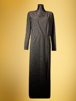 Vintage Black Metallic Dress, Deep V Maxi Long Sleeved Evening Gown