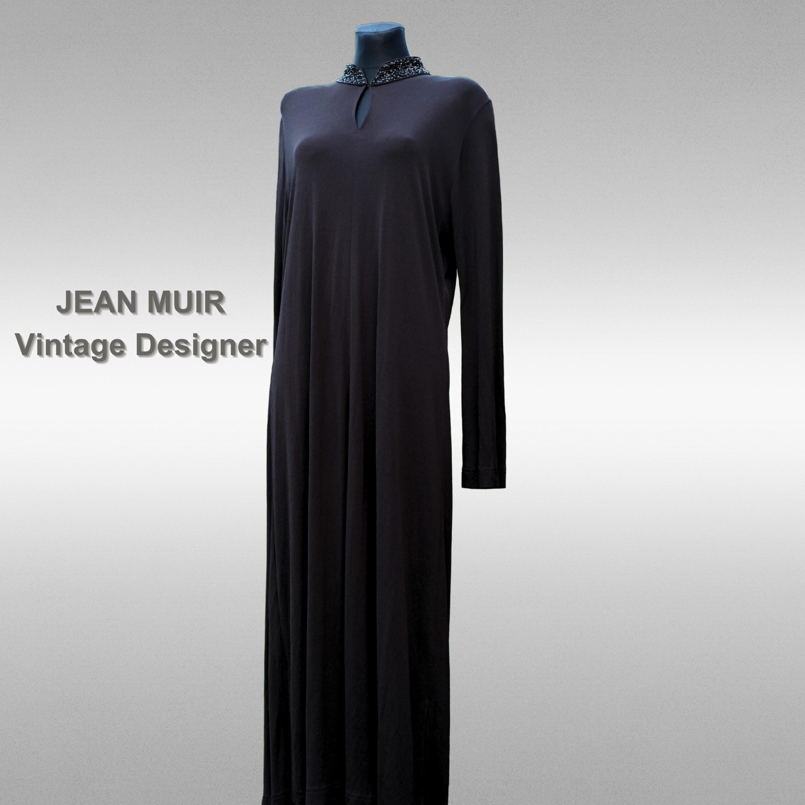 1970s Black maxi Evening Dress, 70s Deadstock NOS Vintage Jean Muir Trapeze Dress with Embellished Collar size XL - Image 2