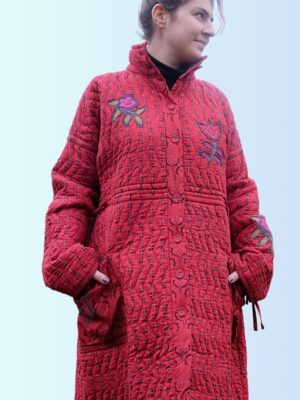 Cute Vintage Red Hippie Quilted Coat, Boho Vibes Jacket with Birds Patches