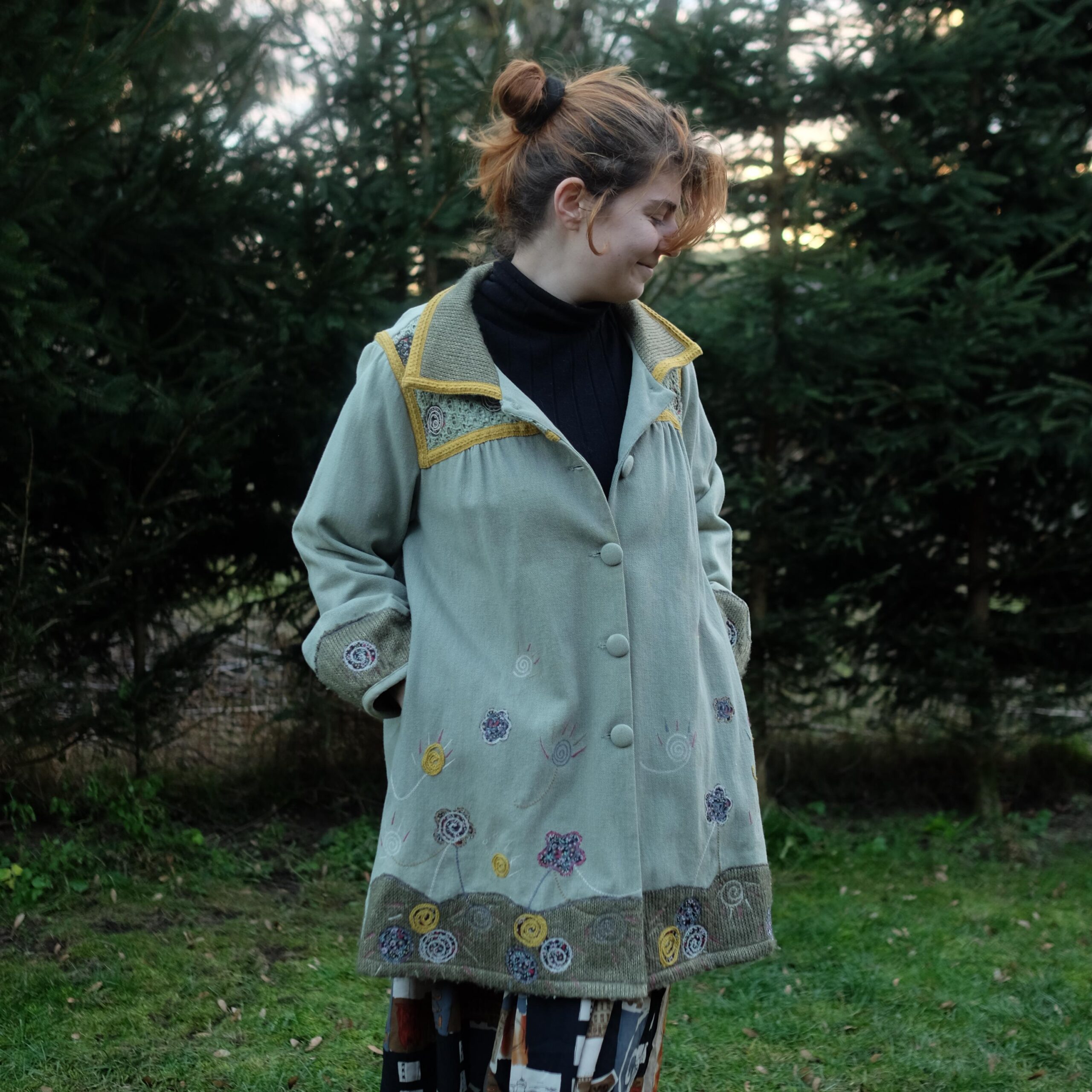 Cute Boho Hippie Off-Green Light Coat with Colorful Embroidery and Big Buttons - Image 3