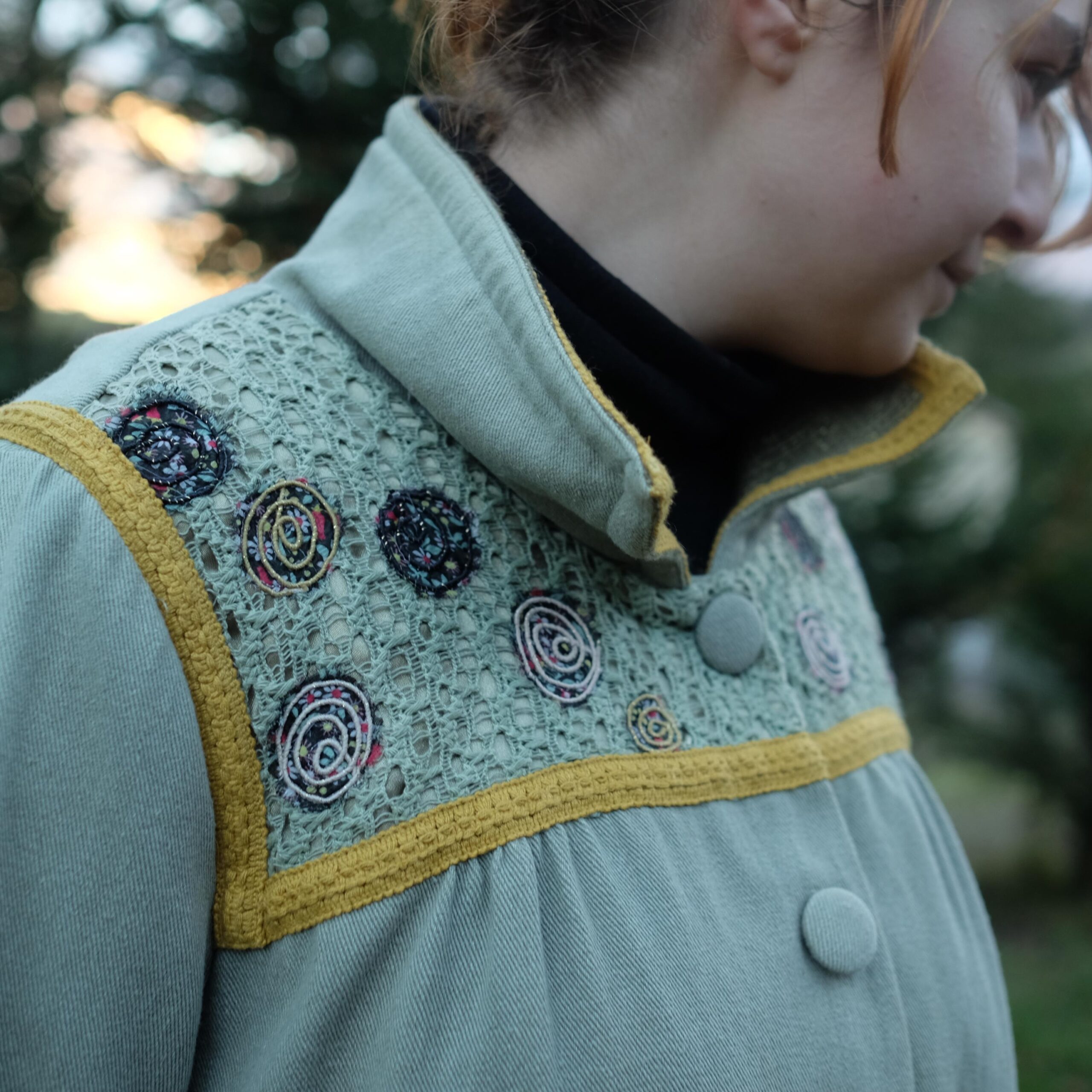 Cute Boho Hippie Off-Green Light Coat with Colorful Embroidery and Big Buttons - Image 4