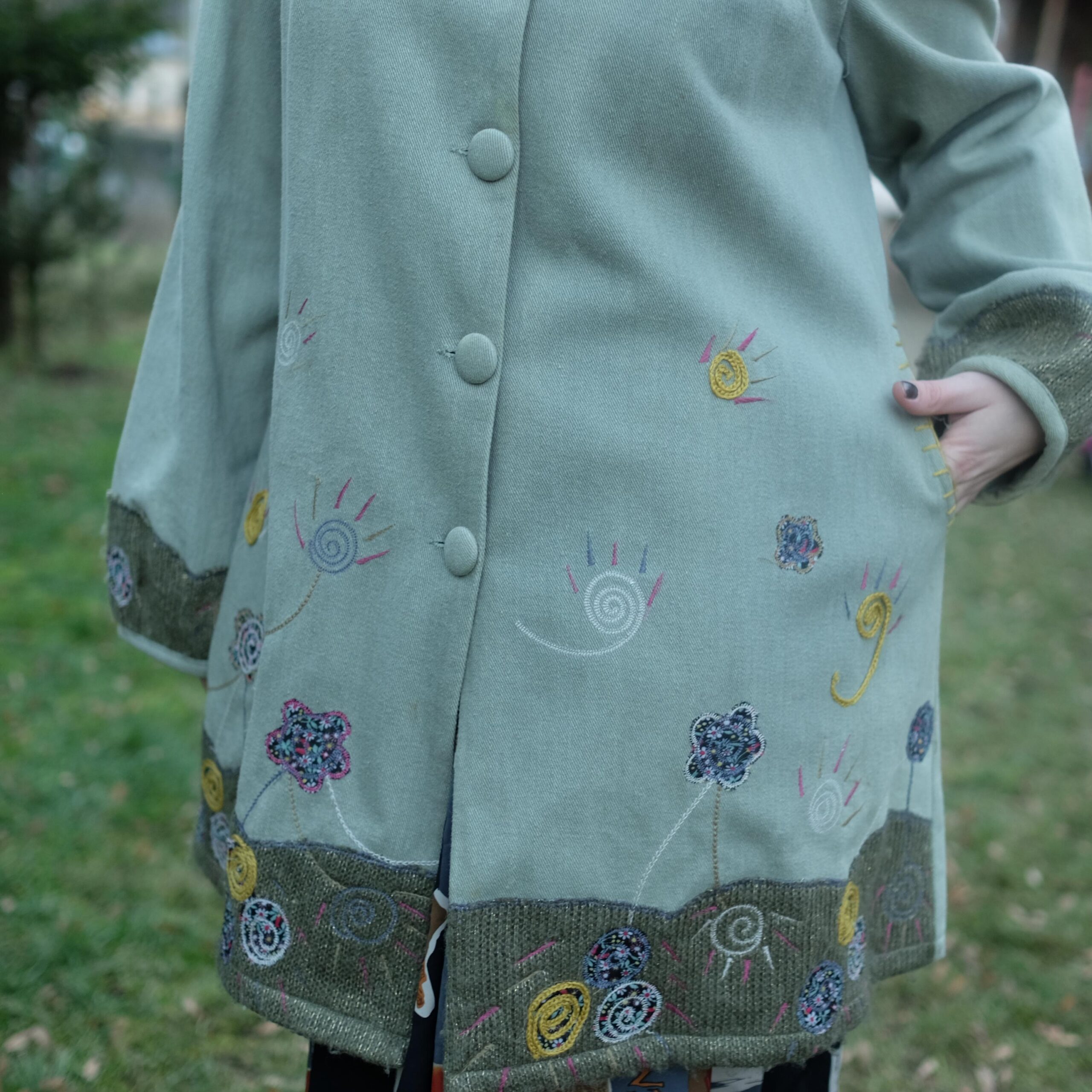 Cute Boho Hippie Off-Green Light Coat with Colorful Embroidery and Big Buttons - Image 6