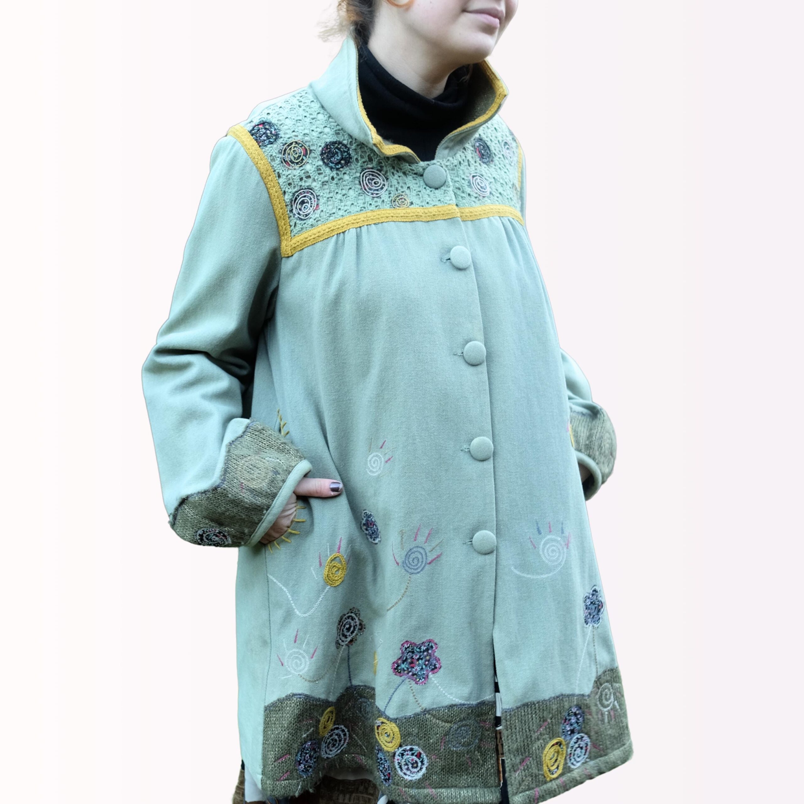 Cute Boho Hippie Off-Green Light Coat with Colorful Embroidery and Big Buttons - Image 2