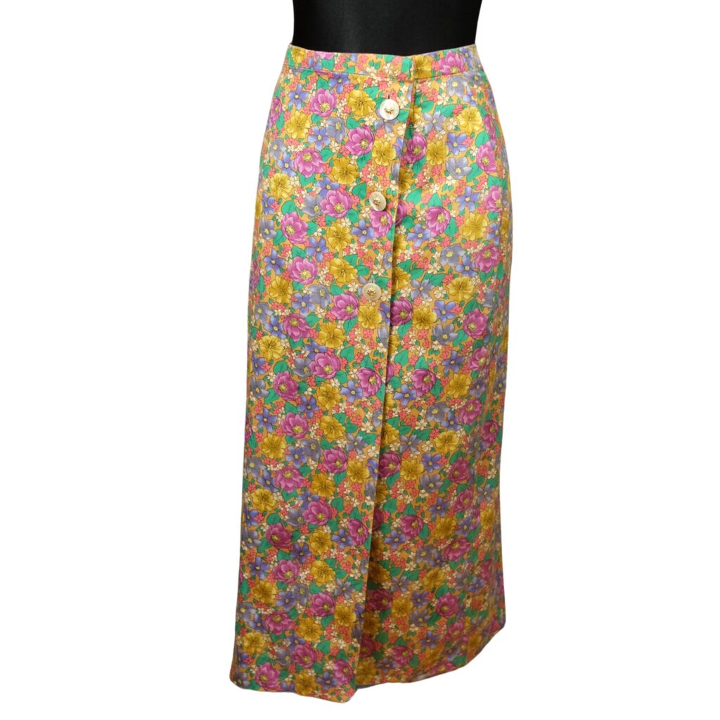 80s Vintage Floral Skirt, Midi Length and Multicolor XS
