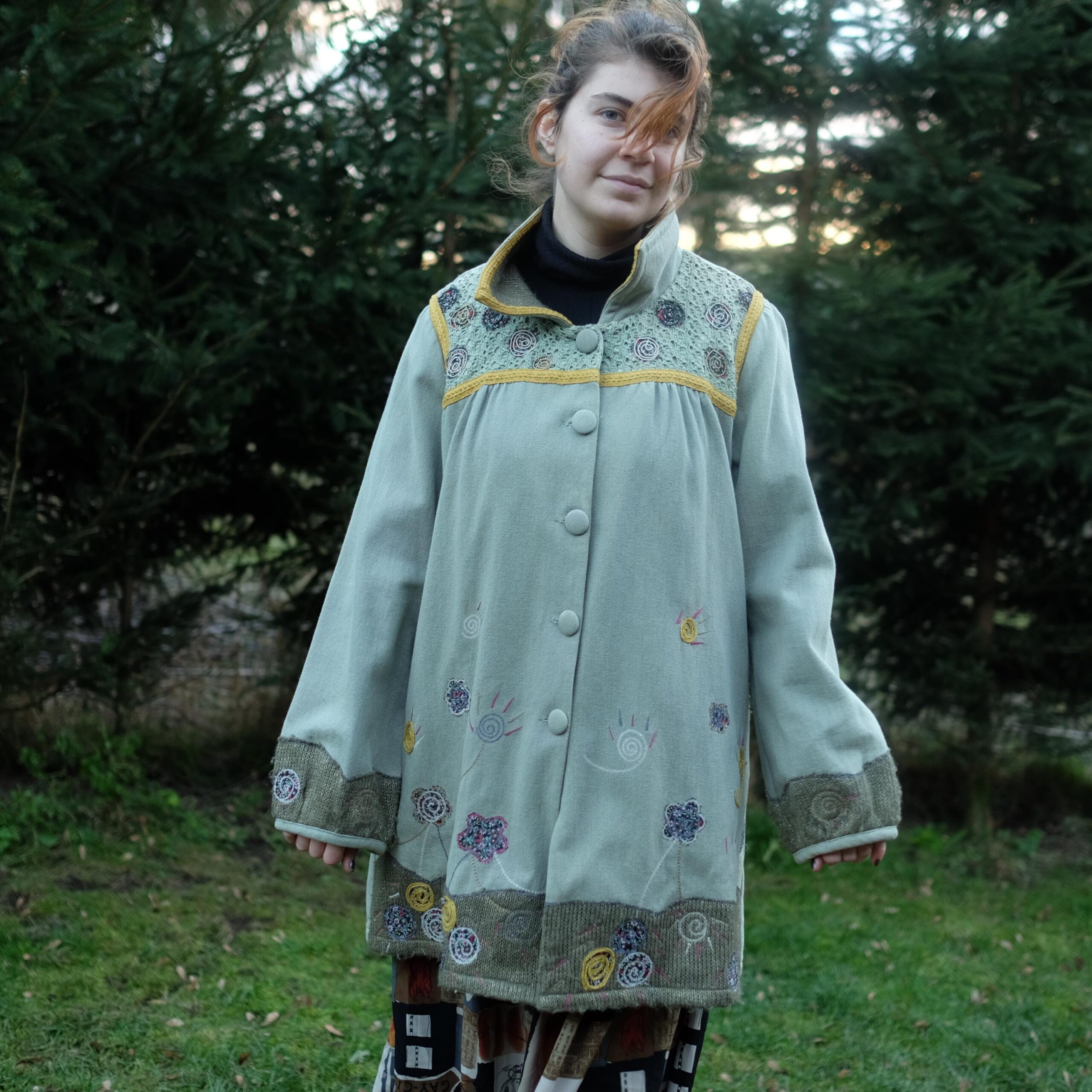 Cute Boho Hippie Off-Green Light Coat with Colorful Embroidery and Big Buttons