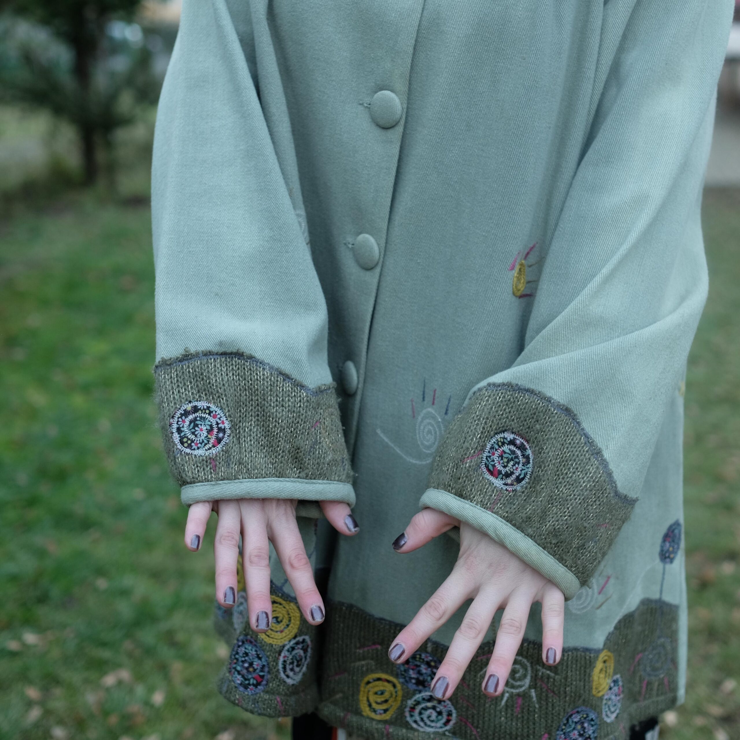 Cute Boho Hippie Off-Green Light Coat with Colorful Embroidery and Big Buttons - Image 7