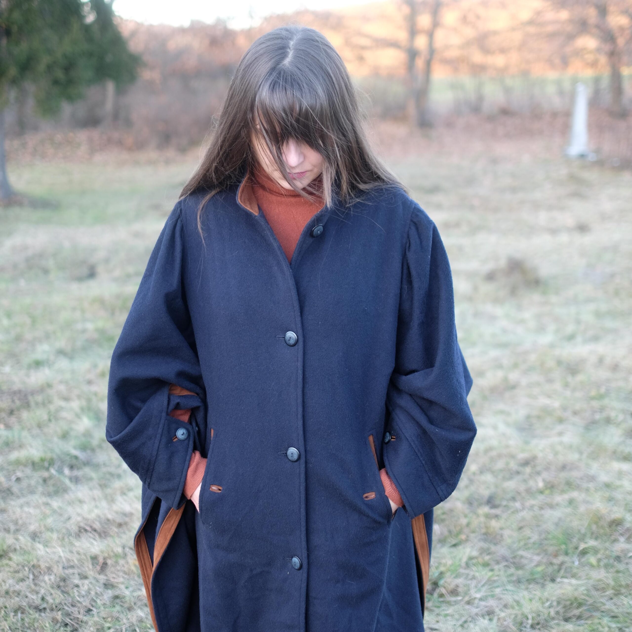 Vintage Navy Blue Long Cape Coat with Brown details, Luxurious Quality and Very Unique Design, yet Super Classy - Image 5