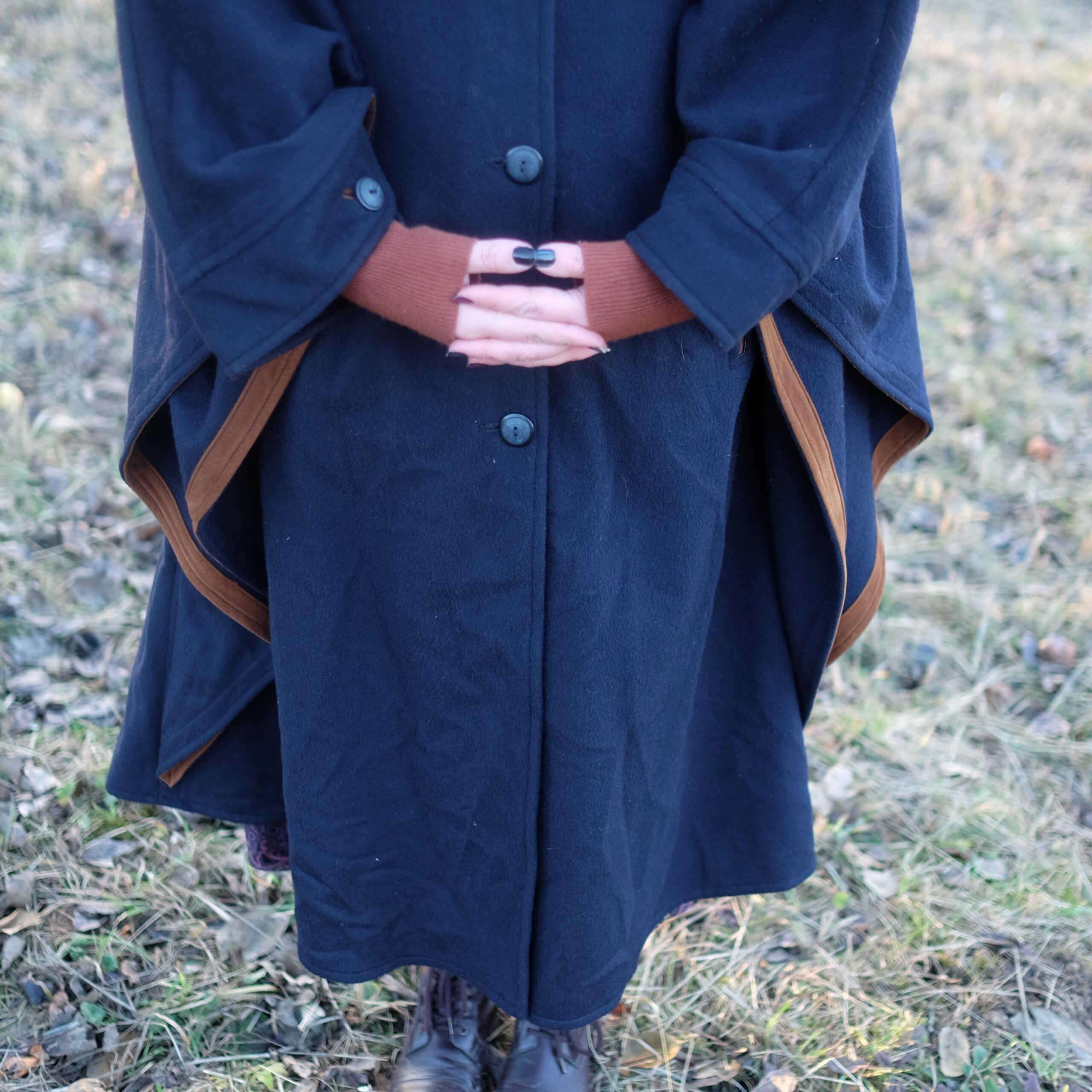 Vintage Navy Blue Long Cape Coat with Brown details, Luxurious Quality and Very Unique Design, yet Super Classy - Image 2