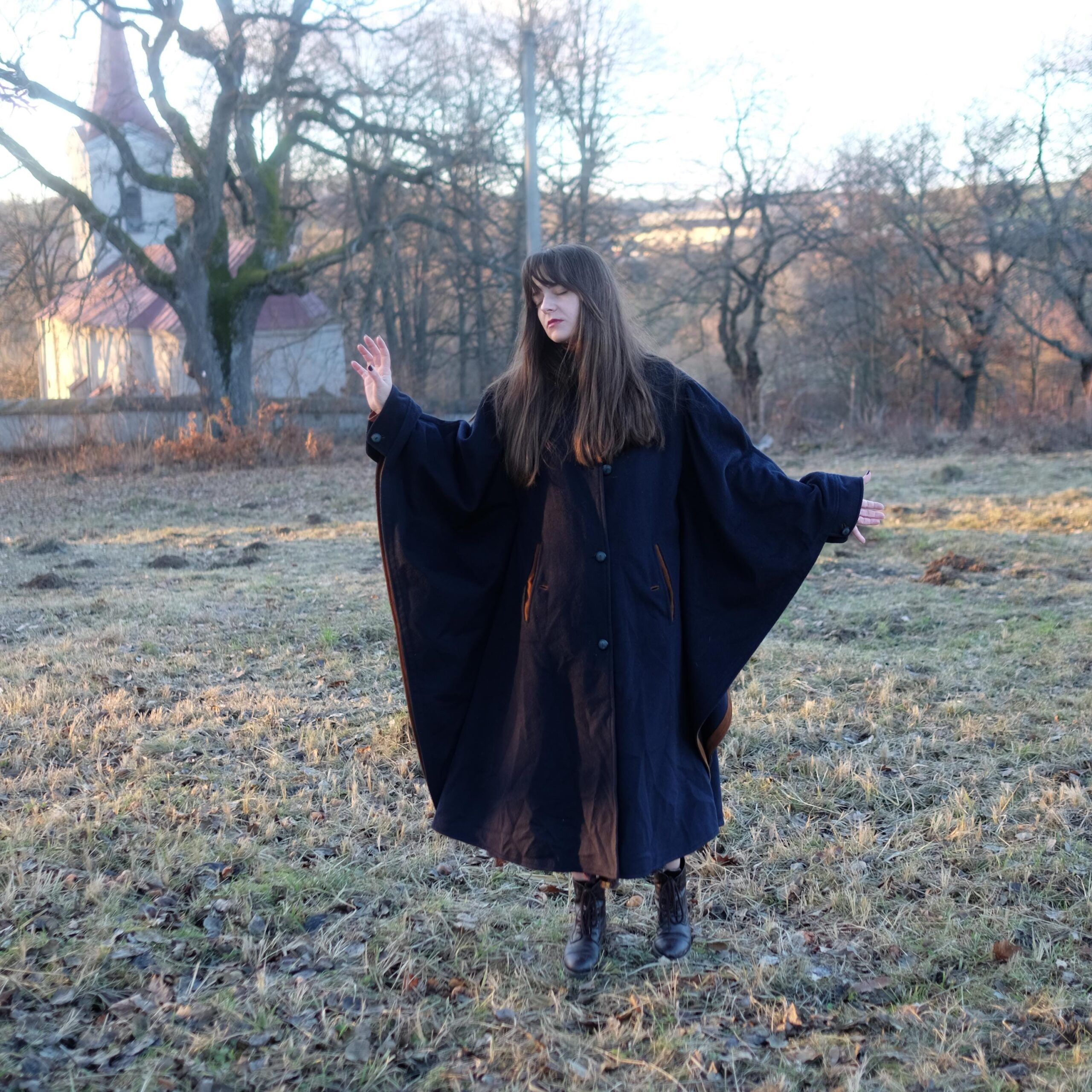 Vintage Navy Blue Long Cape Coat with Brown details, Luxurious Quality and Very Unique Design, yet Super Classy - Image 6