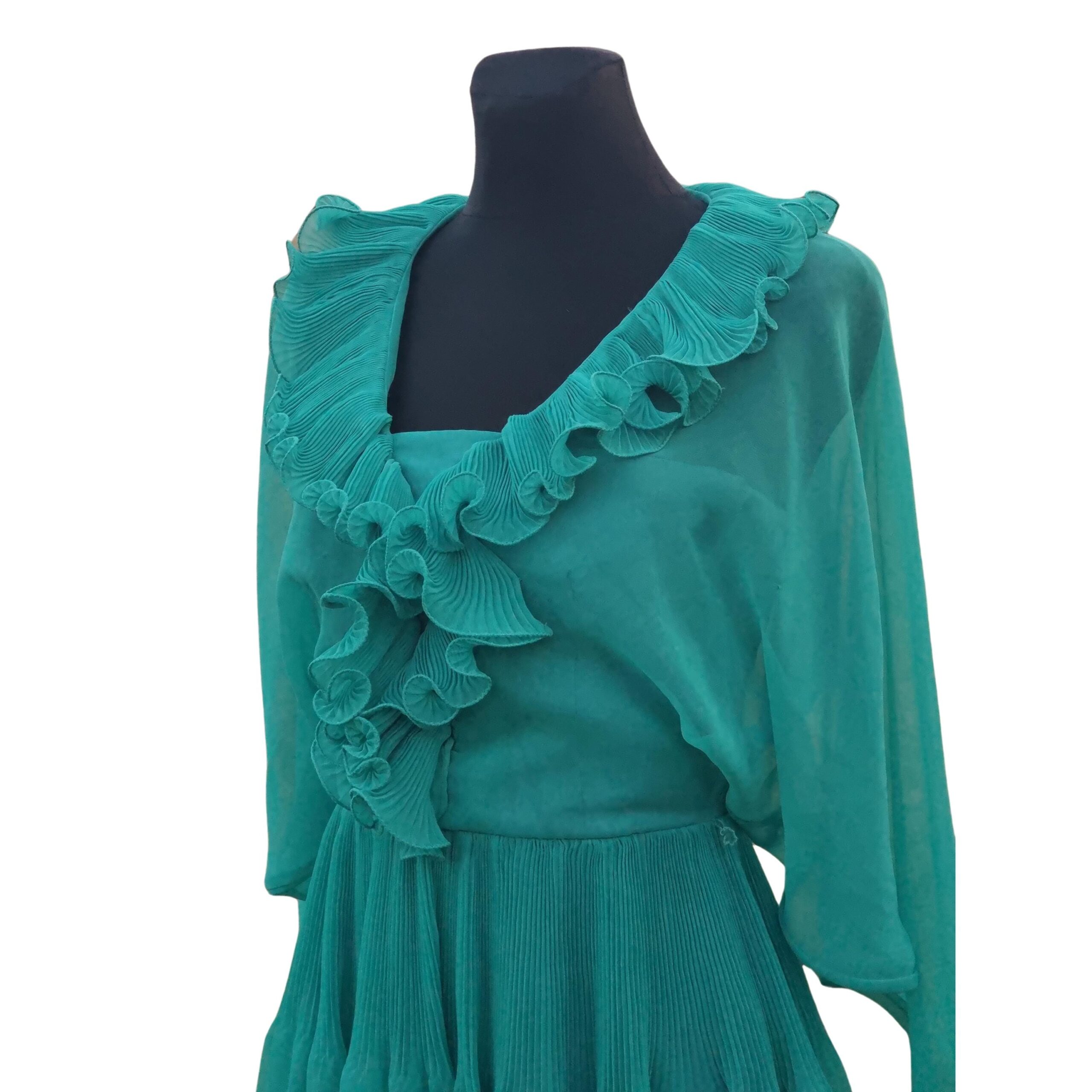 Wedding guest Dress,70s Designer Jean Varon Groovy Dress, Vintage Green/ Turquoise Boho Hippie Maxi, Fairy Vibes, Size:M - Image 3