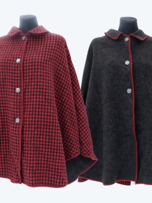 Vintage Reversible Cape Coat with Checkered Pattern in Red Black and Gray on the other side, with silver buttons