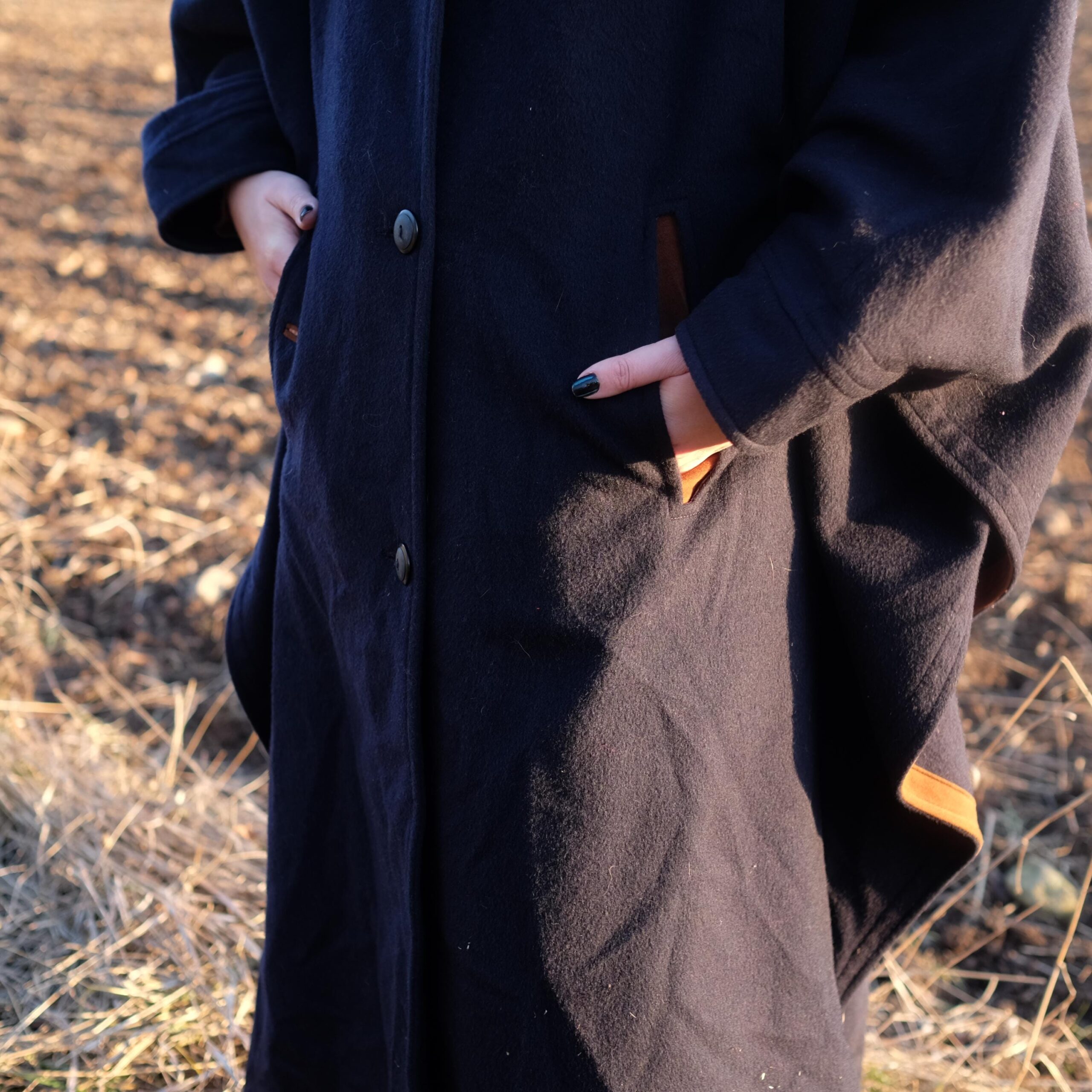 Vintage Navy Blue Long Cape Coat with Brown details, Luxurious Quality and Very Unique Design, yet Super Classy - Image 7