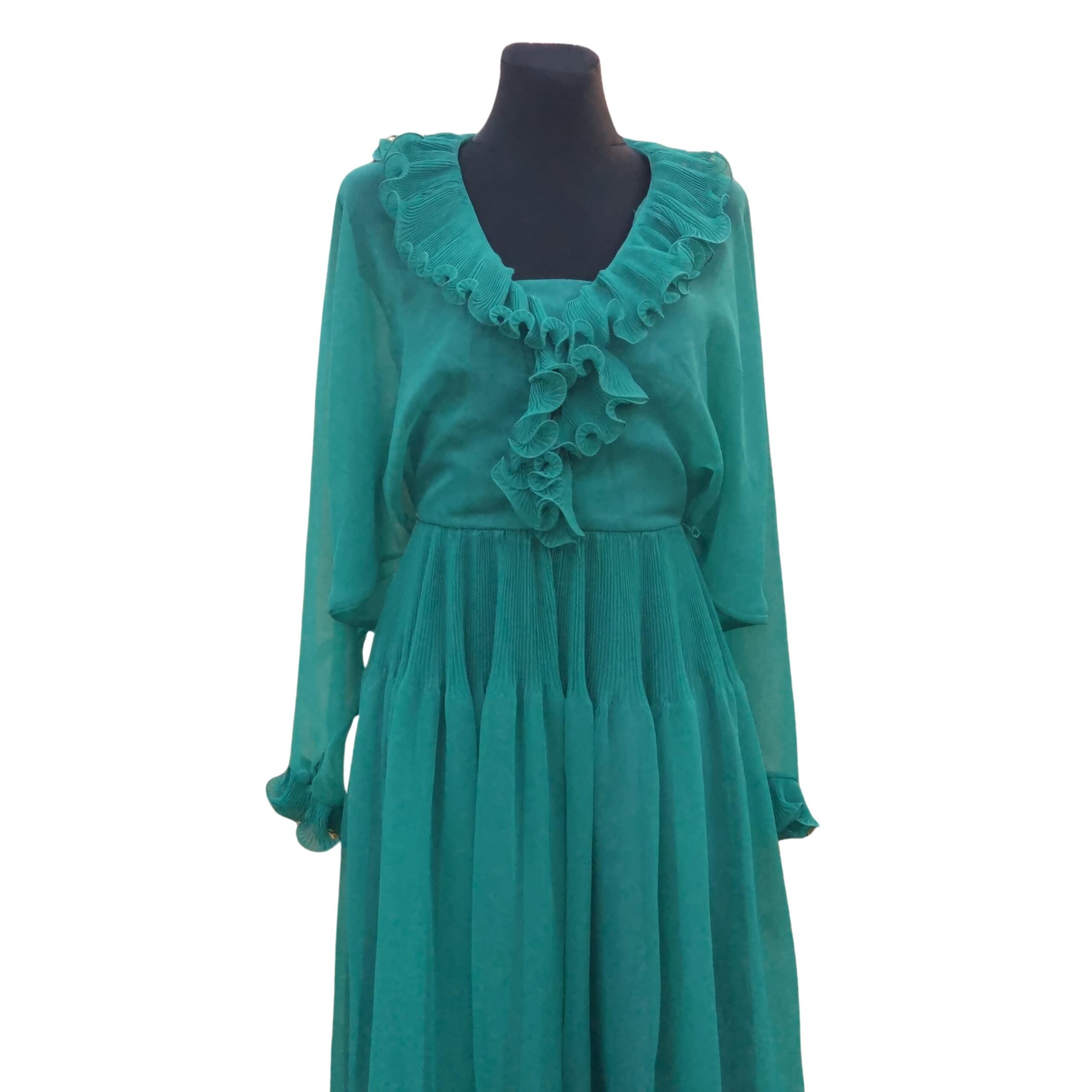 Wedding guest Dress,70s Designer Jean Varon Groovy Dress, Vintage Green/ Turquoise Boho Hippie Maxi, Fairy Vibes, Size:M - Image 4