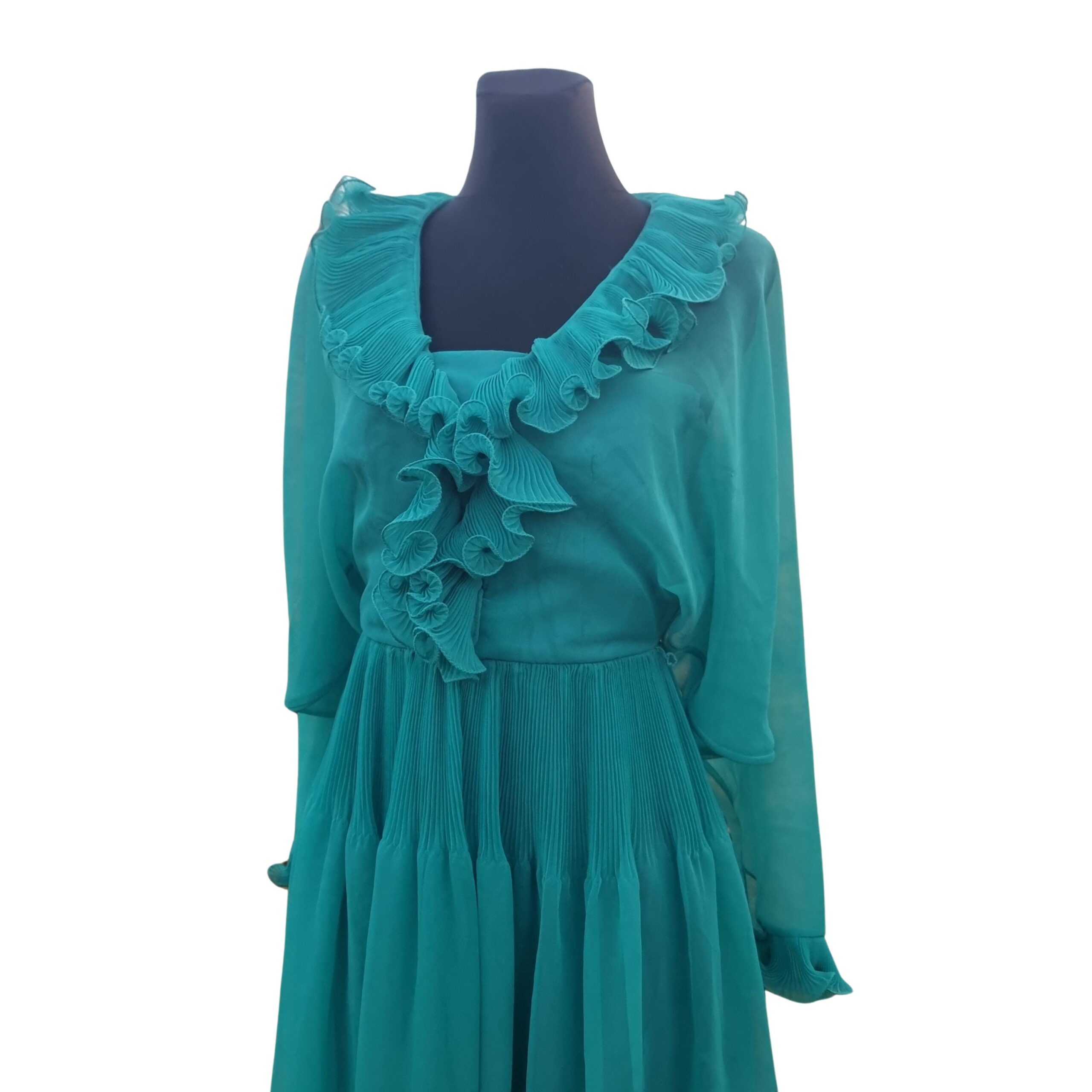 Wedding guest Dress,70s Designer Jean Varon Groovy Dress, Vintage Green/ Turquoise Boho Hippie Maxi, Fairy Vibes, Size:M - Image 5
