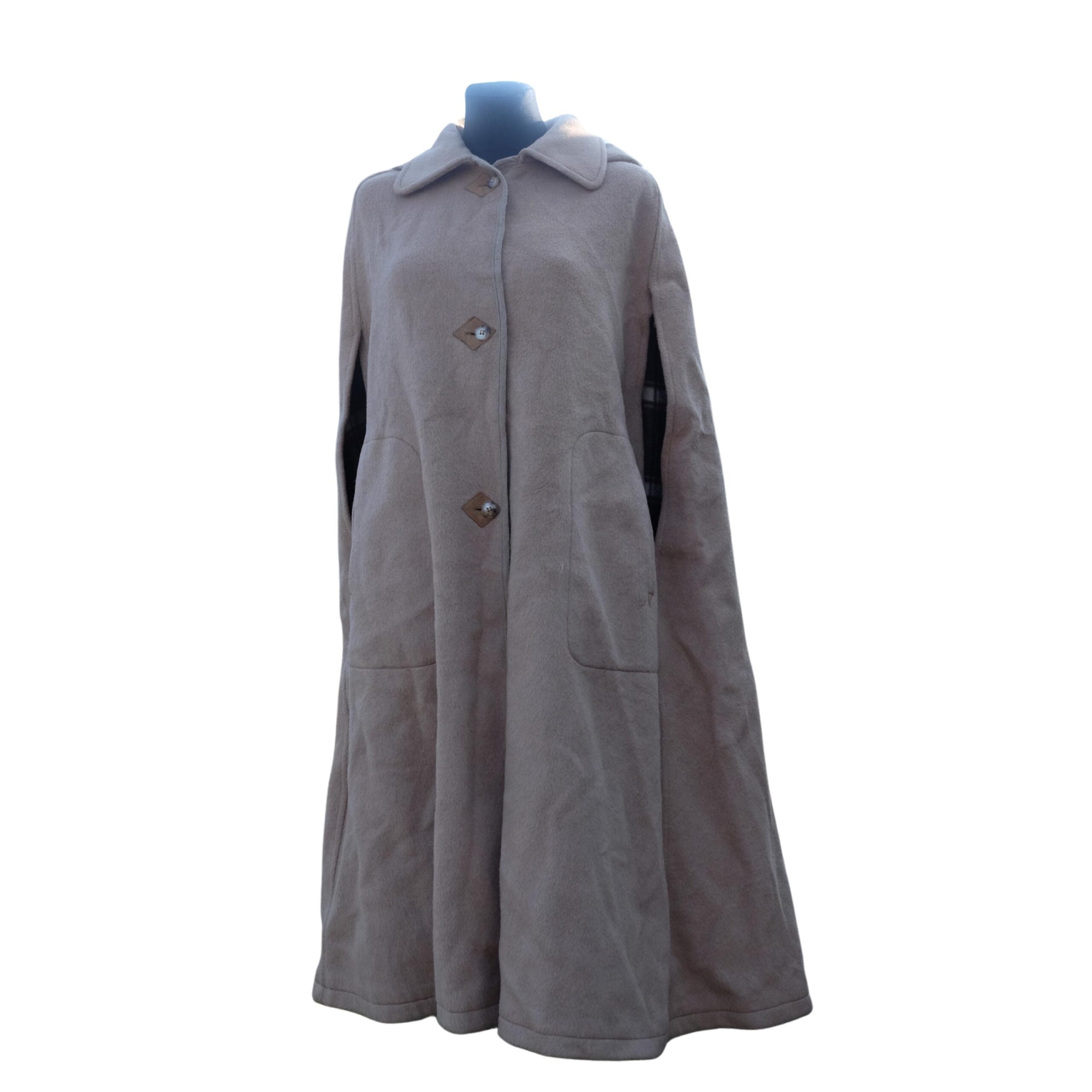 Vintage Elegant Hooded Taupe Cape Coat, Old Money Spring Overcoat