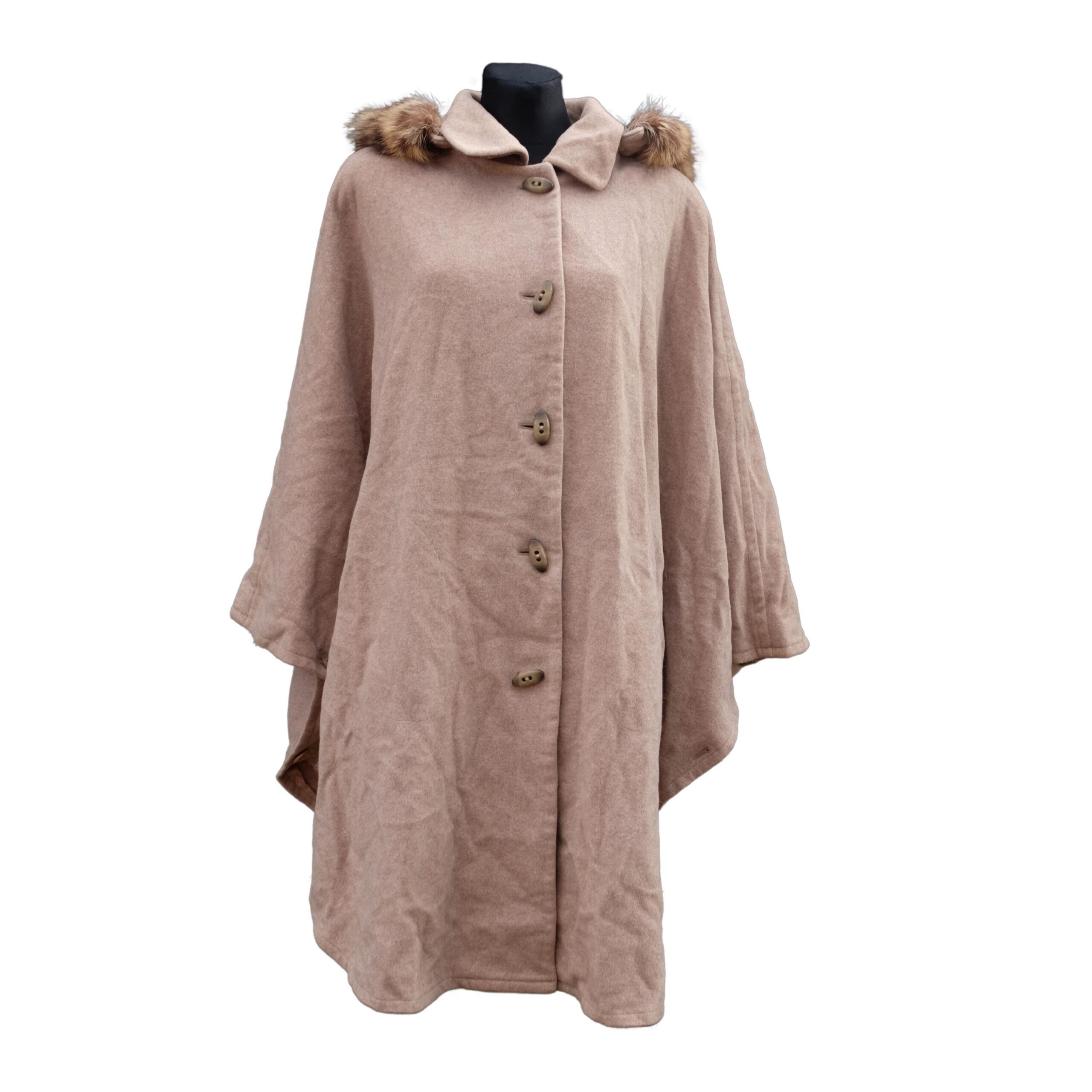Elegant Taupe Vintage Cape Coat with Fur, Cashmere and Wool blend