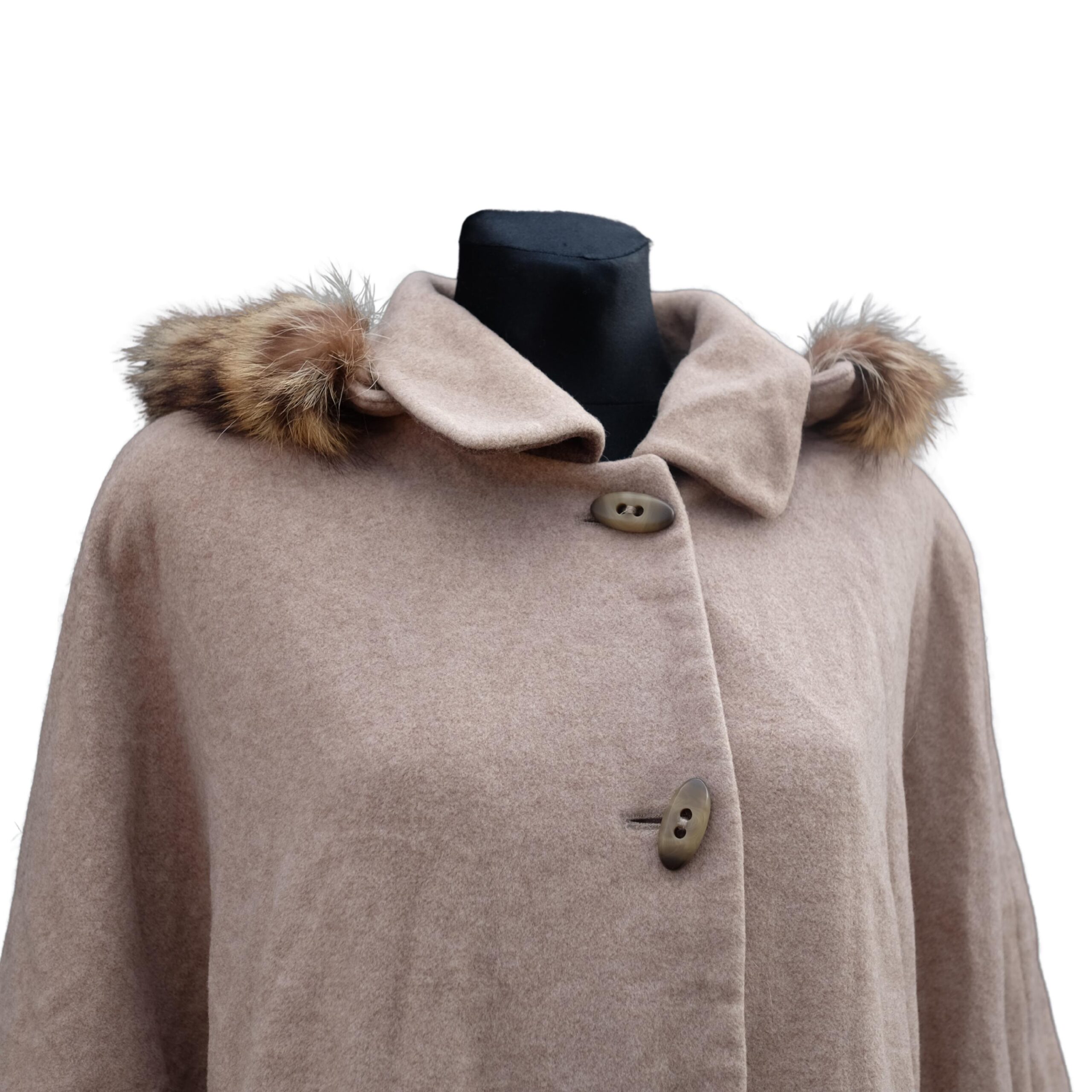 Elegant Taupe Vintage Cape Coat with Fur, Cashmere and Wool blend - Image 2