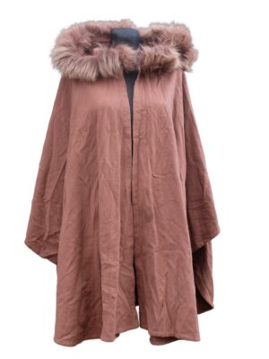 Vintage Brown Cape Coat with Fur Trim Hood, Spring overcoat