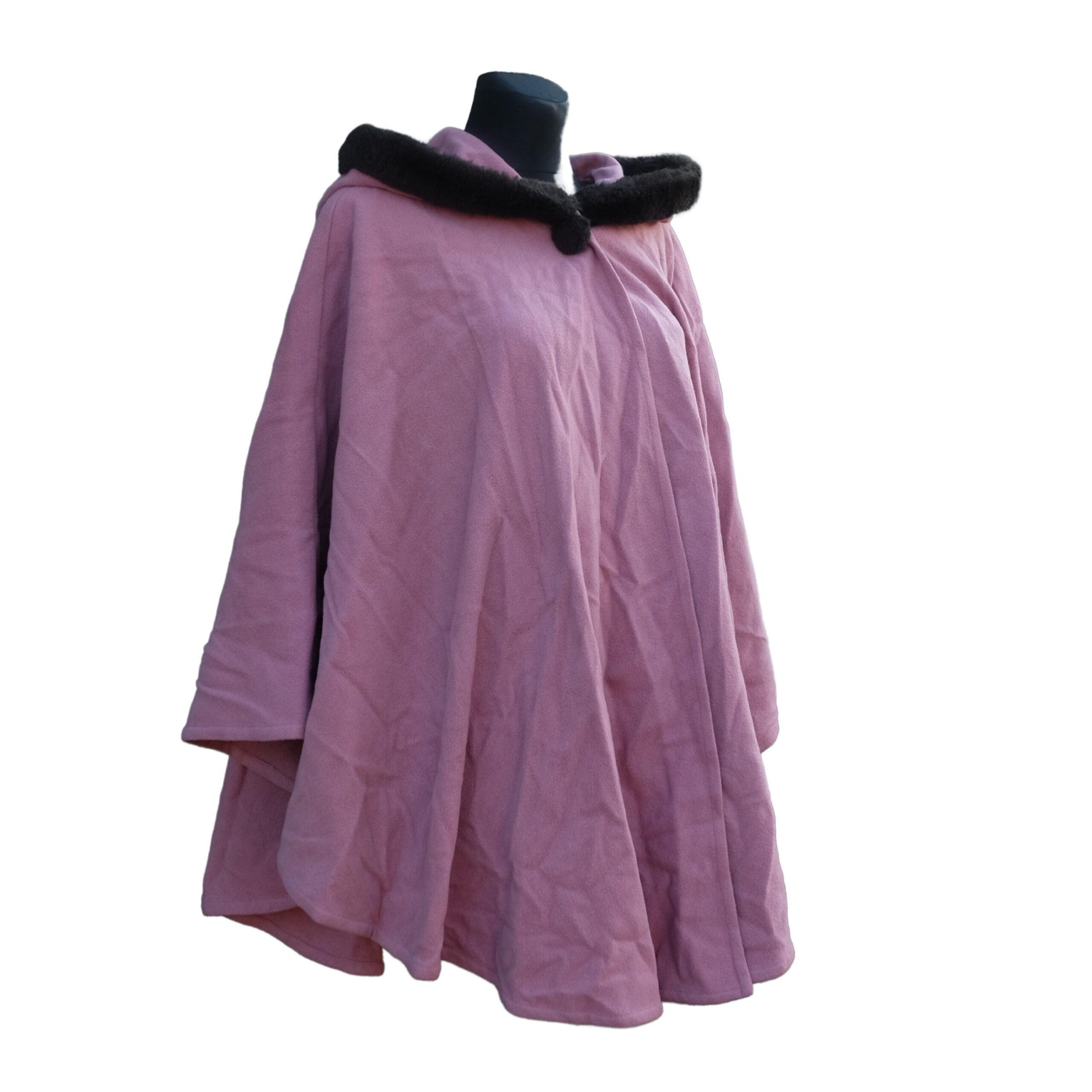 Vintage Pink Cape Coat with Black Faux Fur Trim, Hooded Spring coat