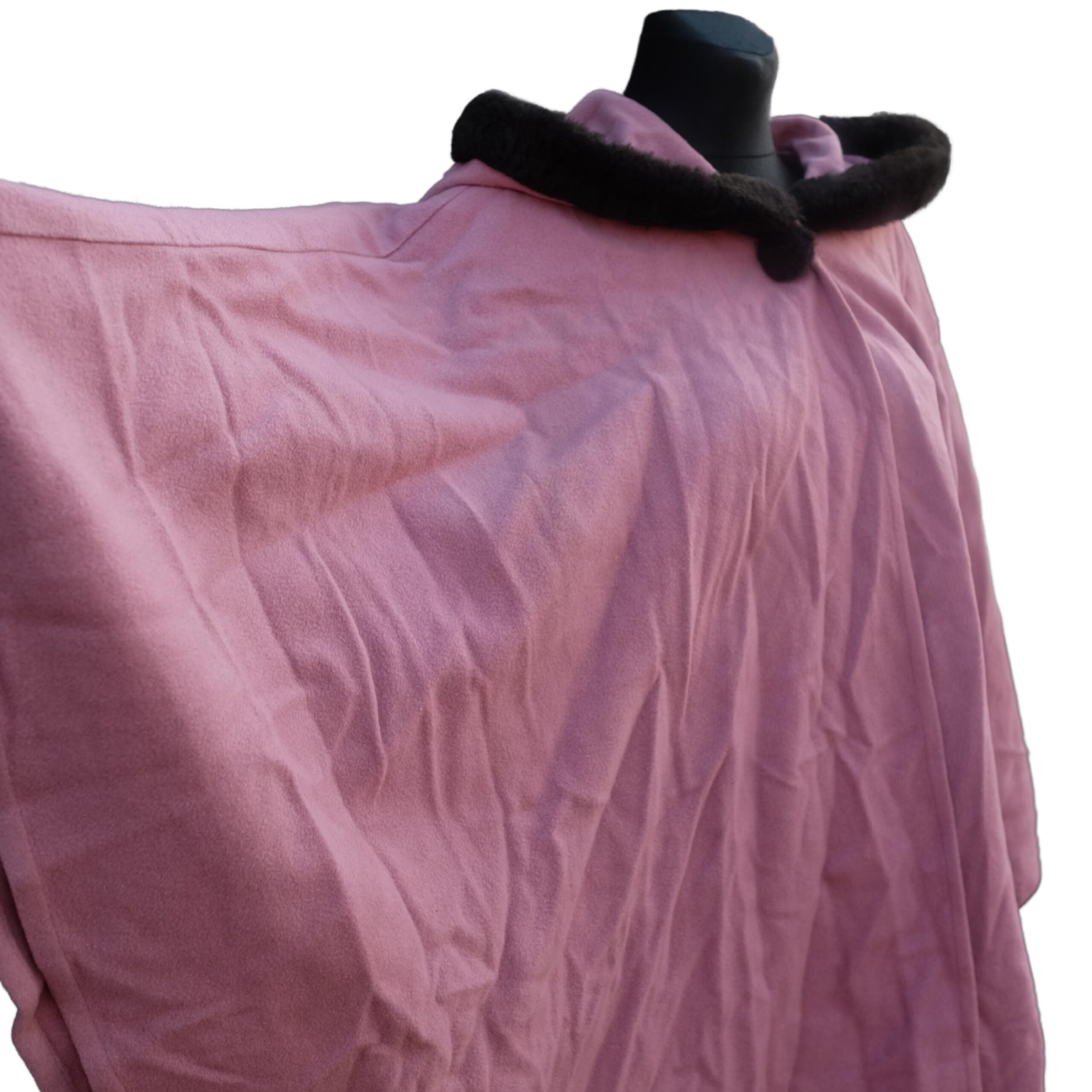 Vintage Pink Cape Coat with Black Faux Fur Trim, Hooded Spring coat - Image 2