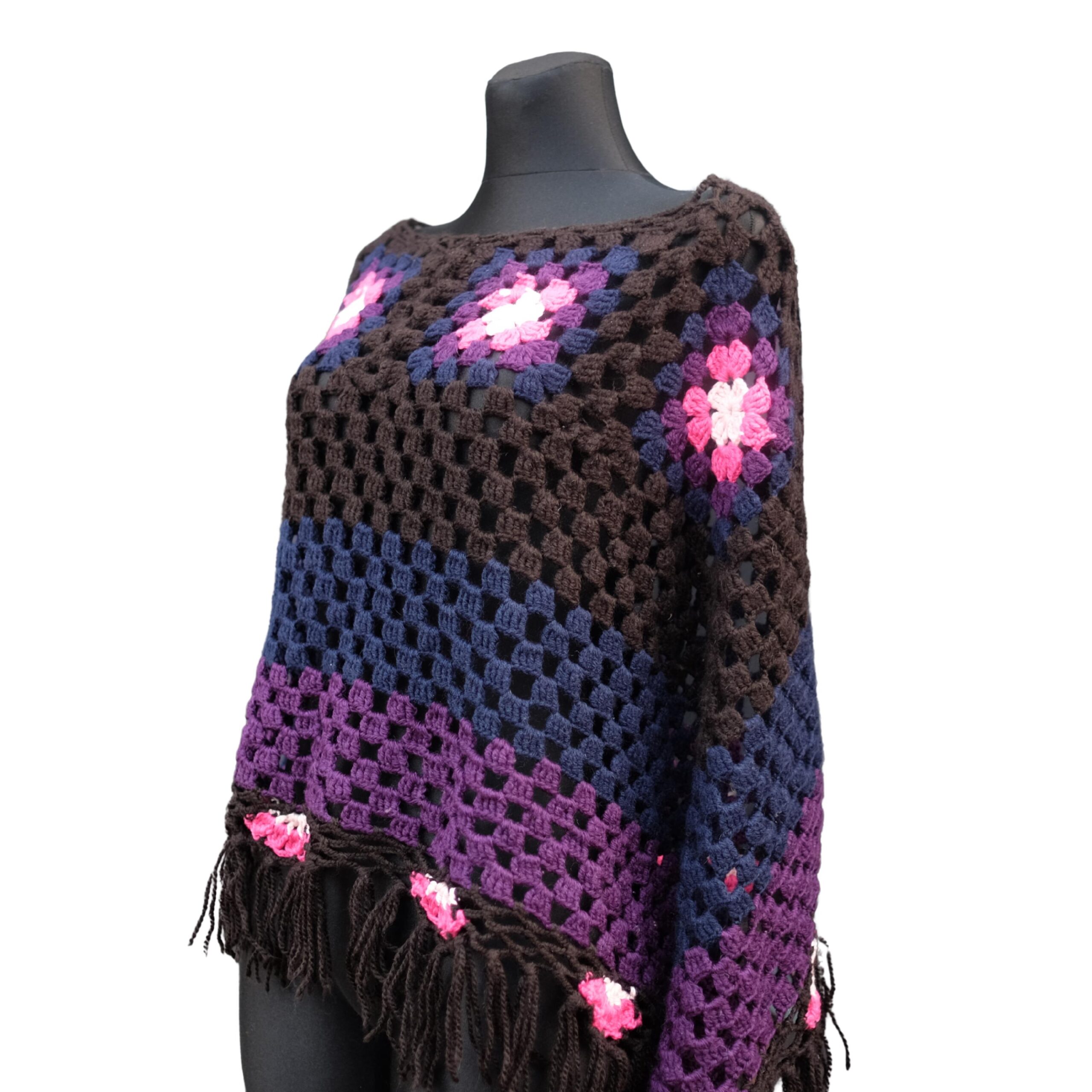 Vintage Granny Square Gradient Crochet Poncho - Image 2