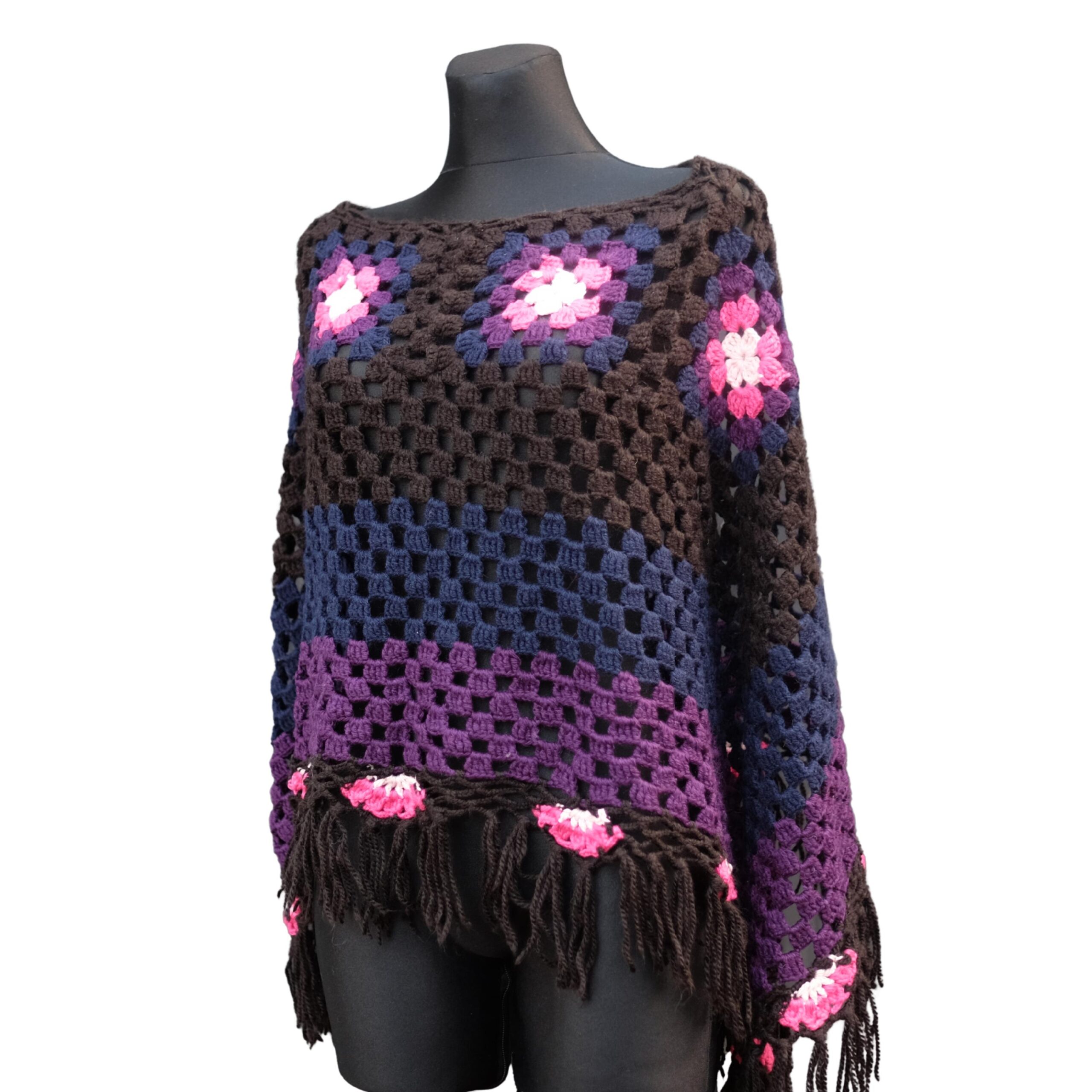 Vintage Granny Square Gradient Crochet Poncho - Image 7