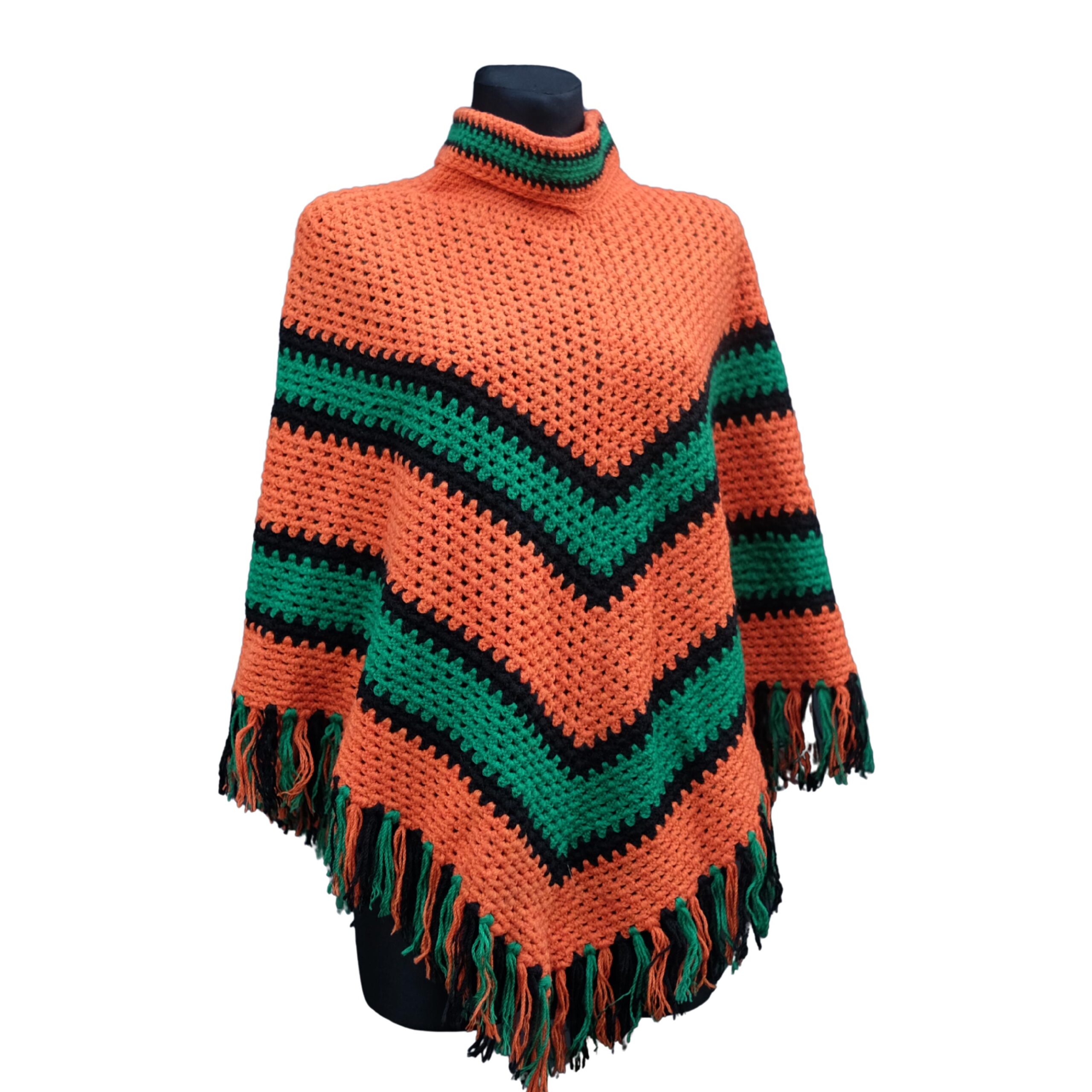 Vintage Crochet Orange and Green Poncho