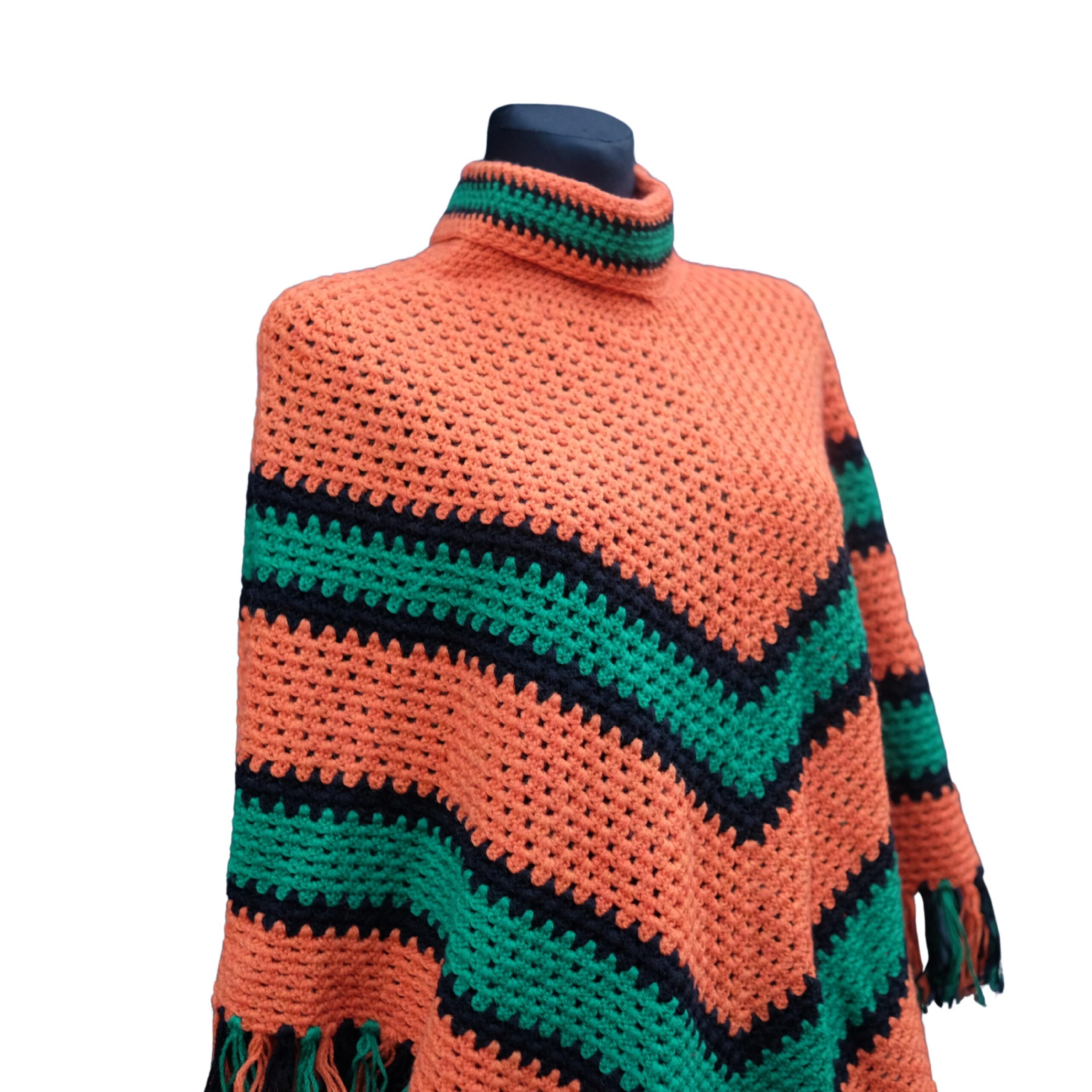 Vintage Crochet Orange and Green Poncho - Image 4