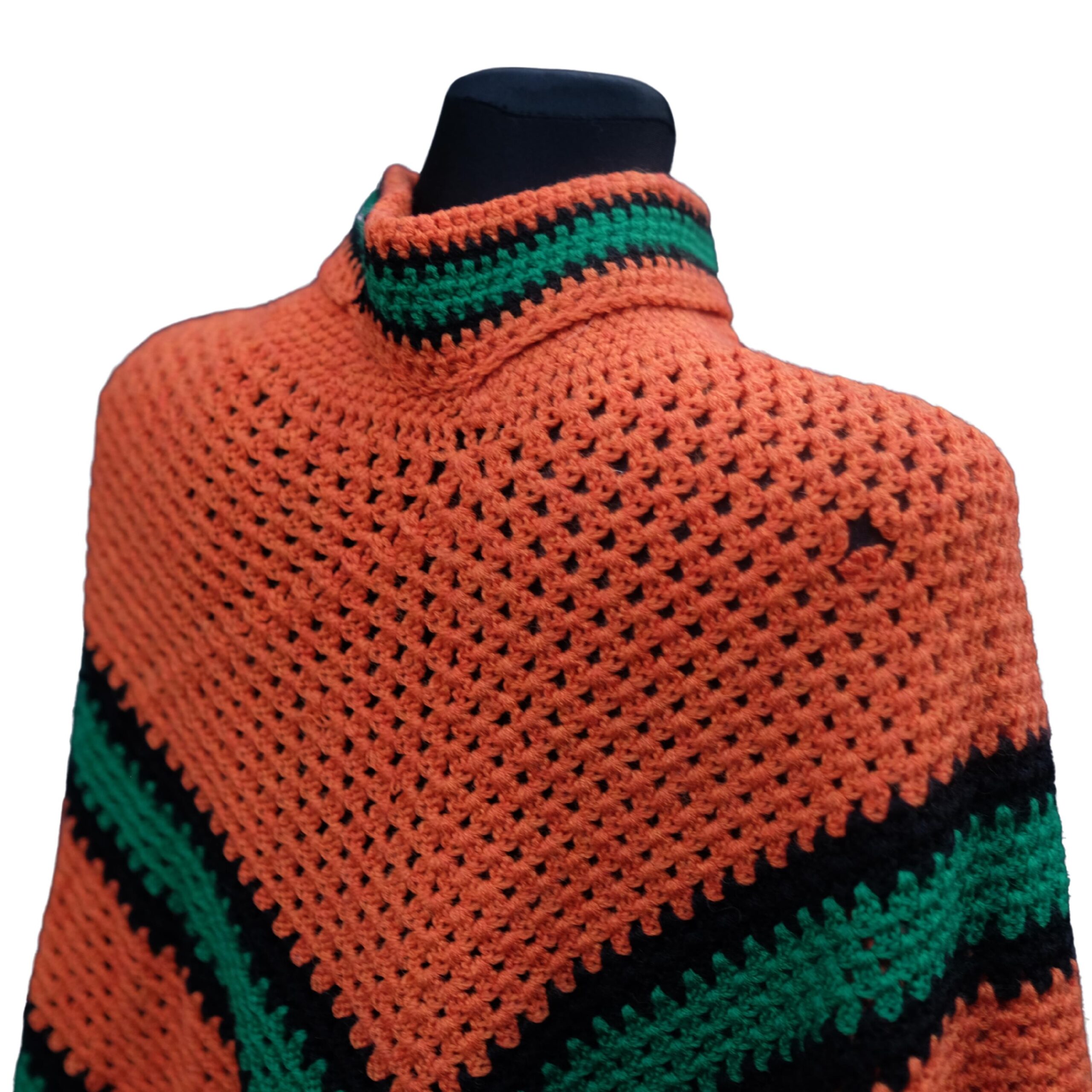 Vintage Crochet Orange and Green Poncho - Image 5