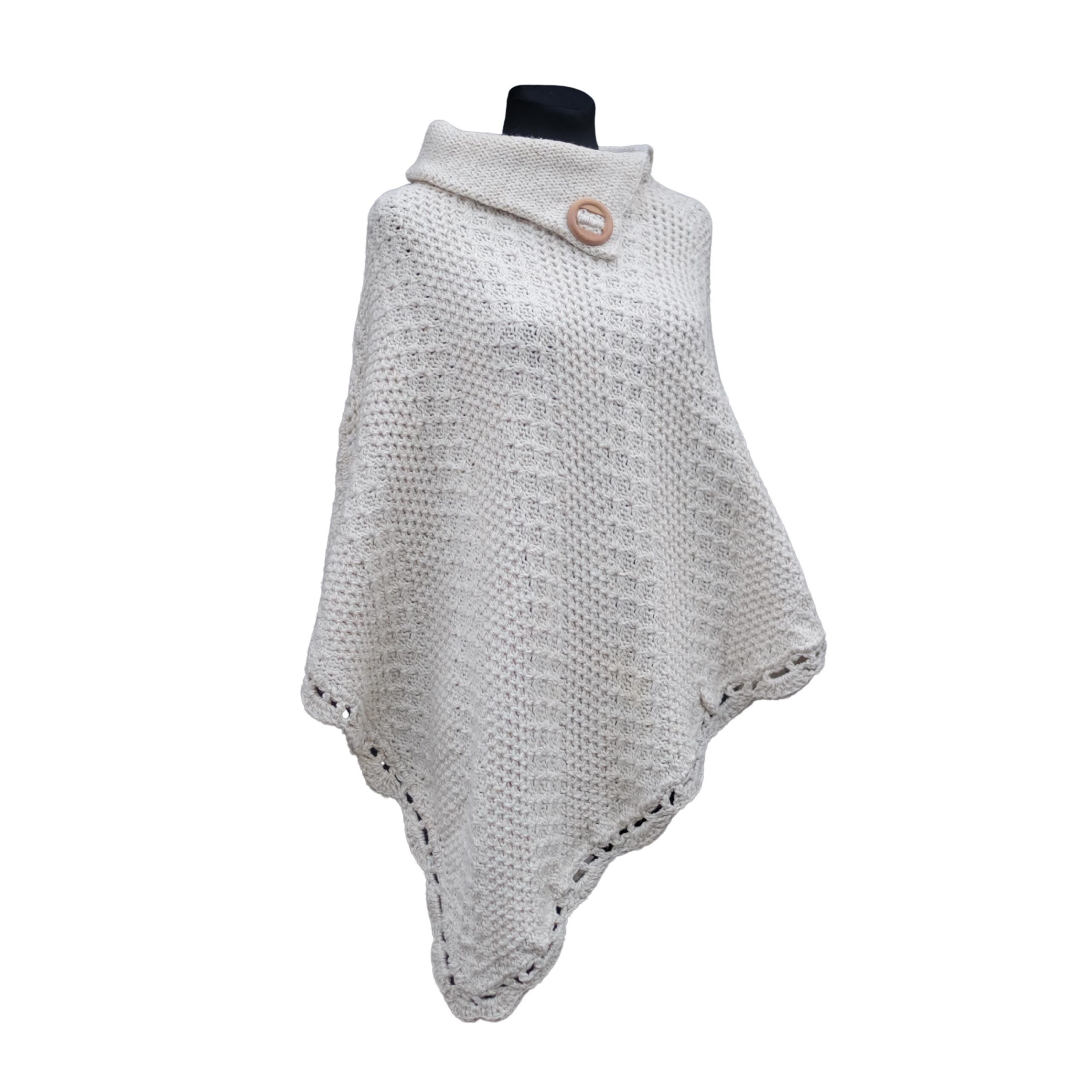Vintage White Knitted Poncho with Wooden Button, Elegant Classy Knitwear, Old Money