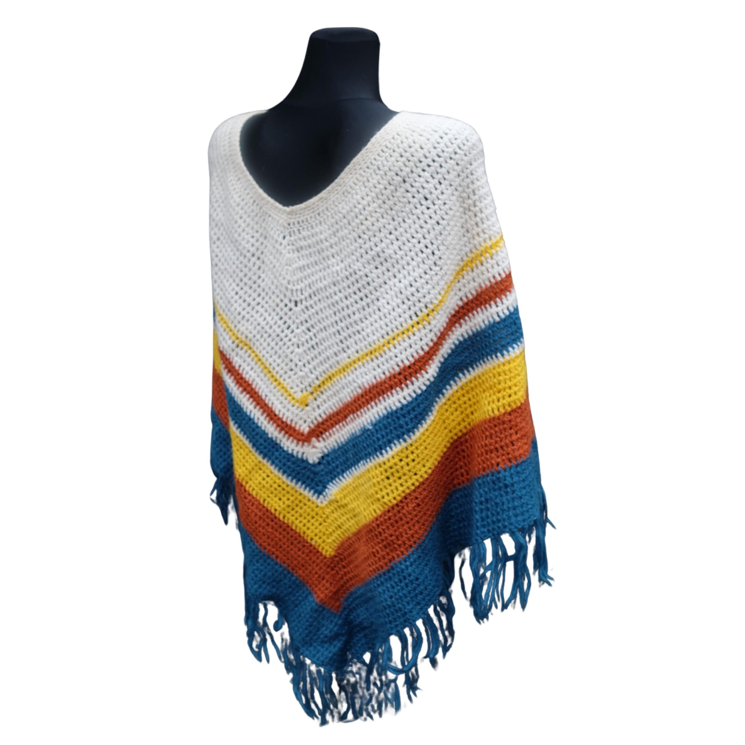 Vintage Crochet White and Blue Poncho - Image 2