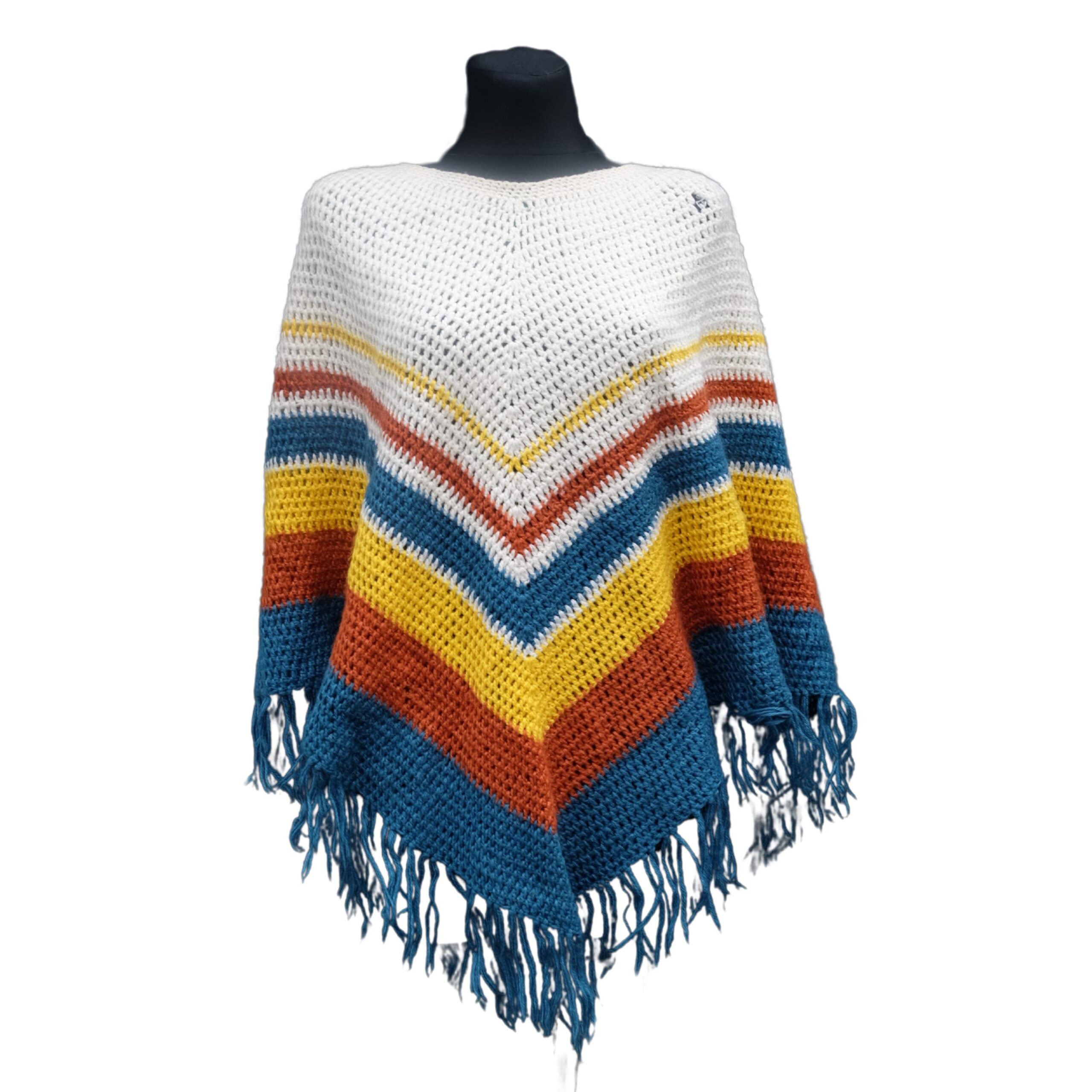 Vintage Crochet White and Blue Poncho - Image 5