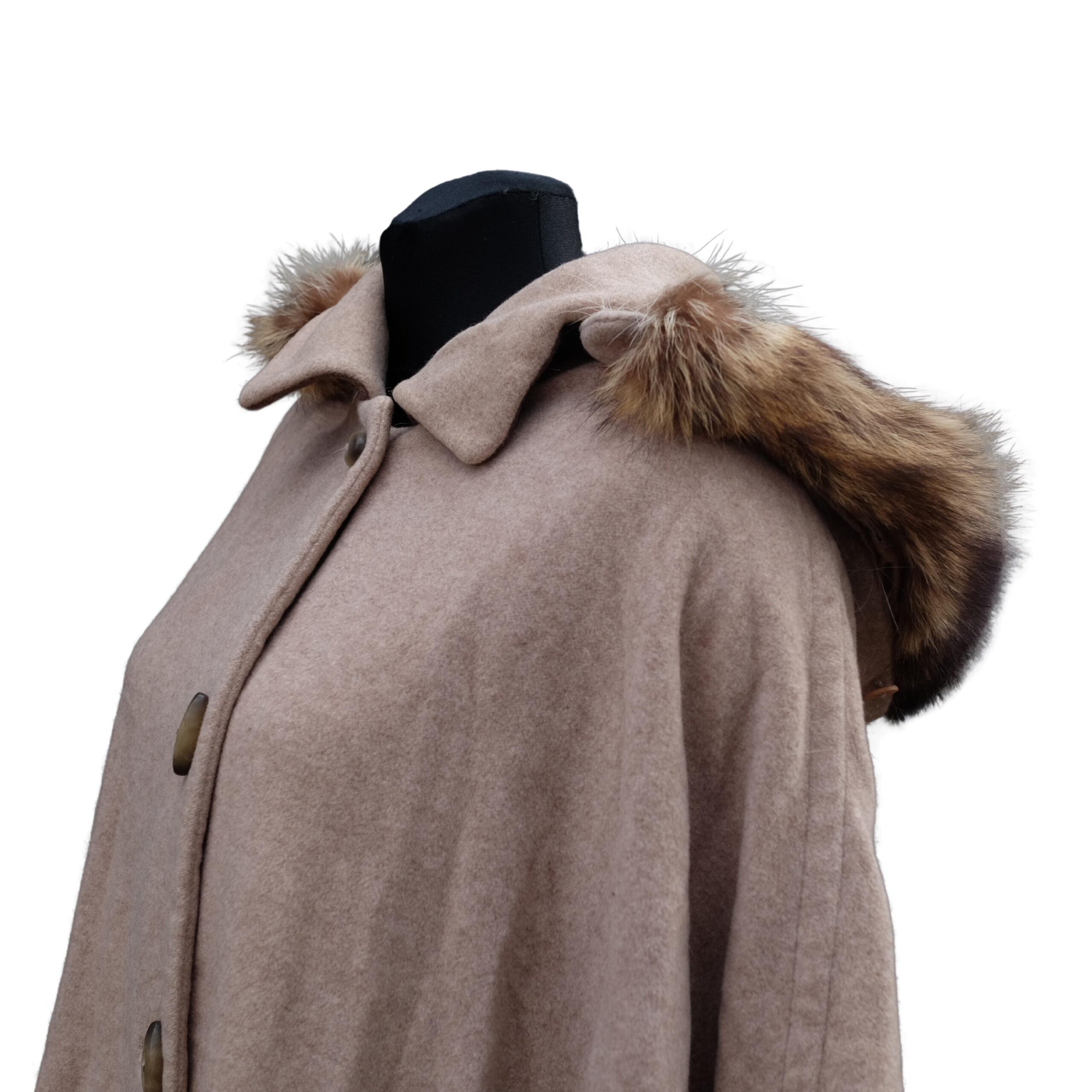 Elegant Taupe Vintage Cape Coat with Fur, Cashmere and Wool blend - Image 6