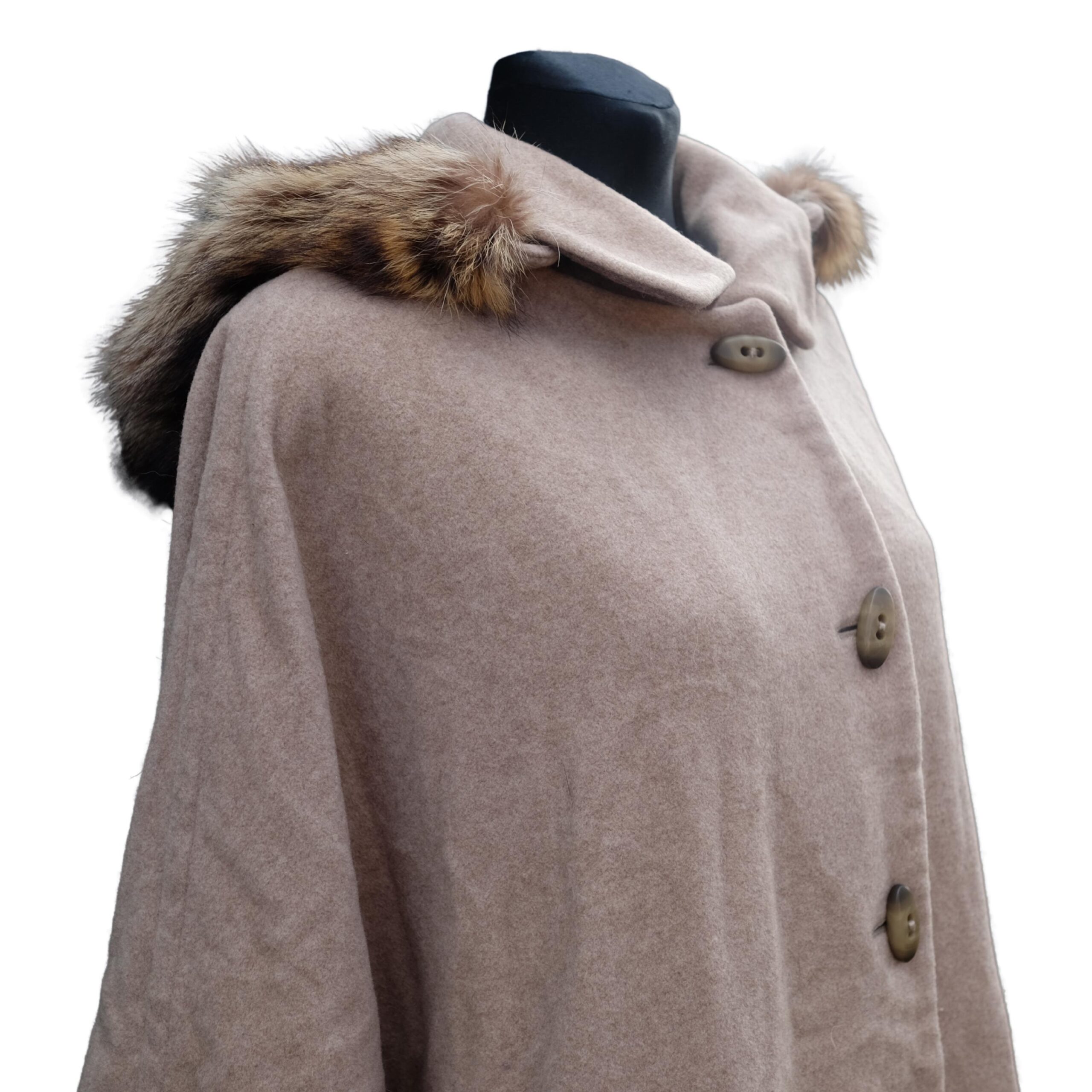 Elegant Taupe Vintage Cape Coat with Fur, Cashmere and Wool blend - Image 7